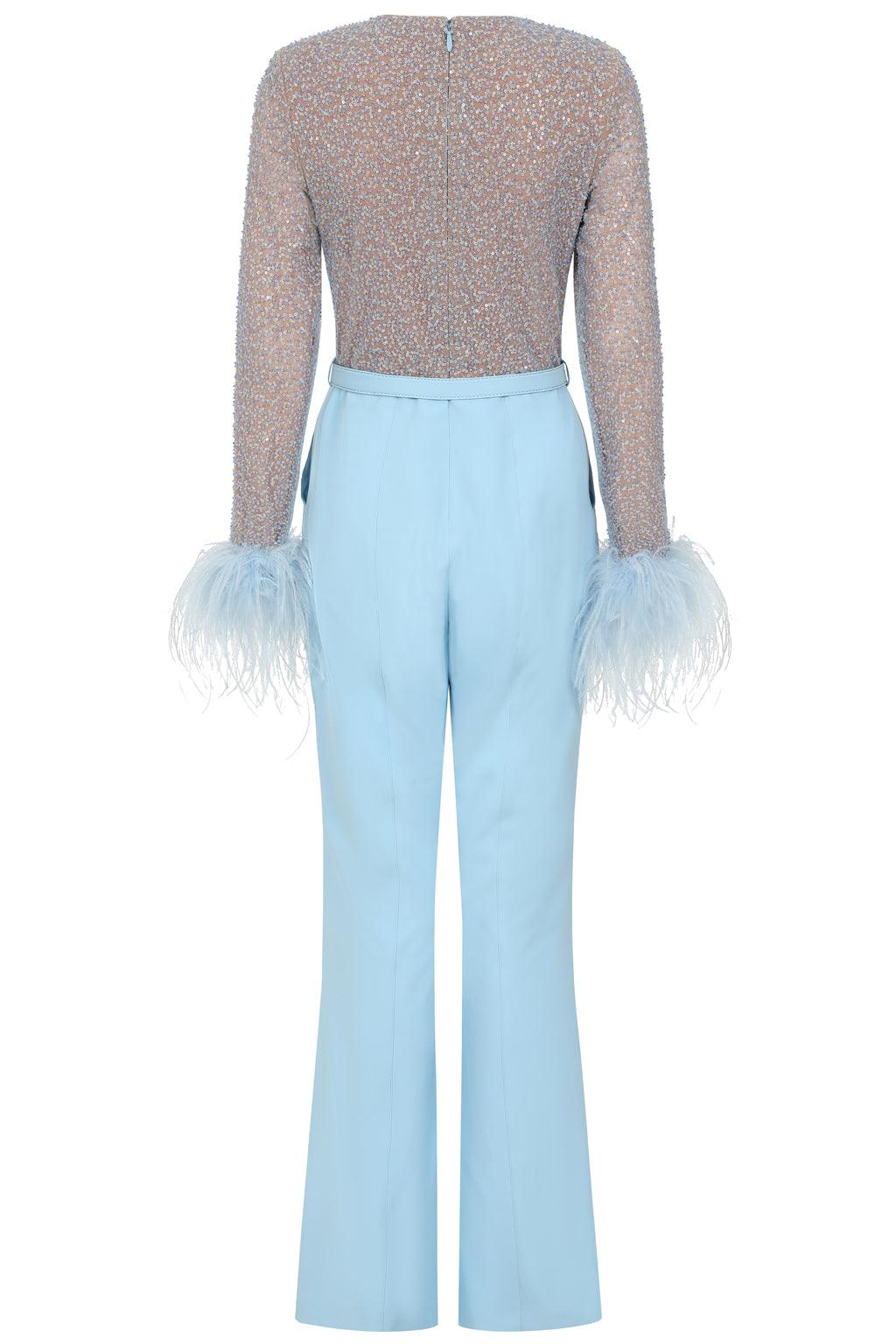 MYLA Beaded Sequin Jumpsuit In Baby Blue - Lavish Alice