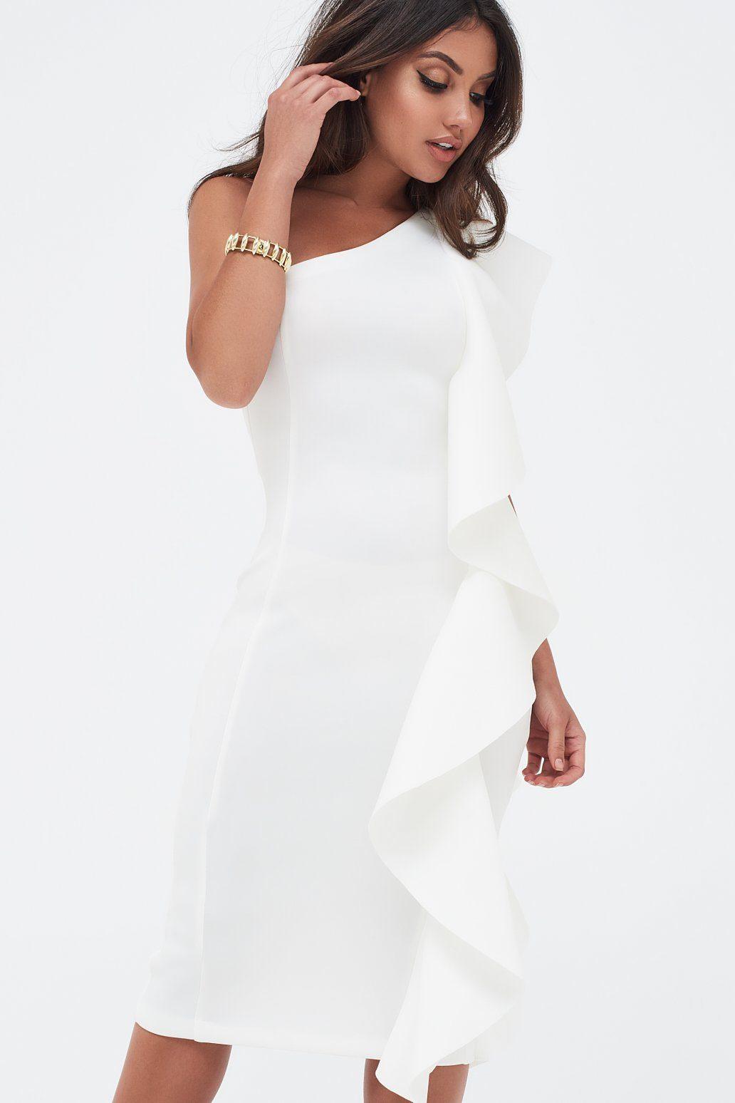One Shoulder Scuba Exaggerated Frill Midi Dress in White - Lavish Alice