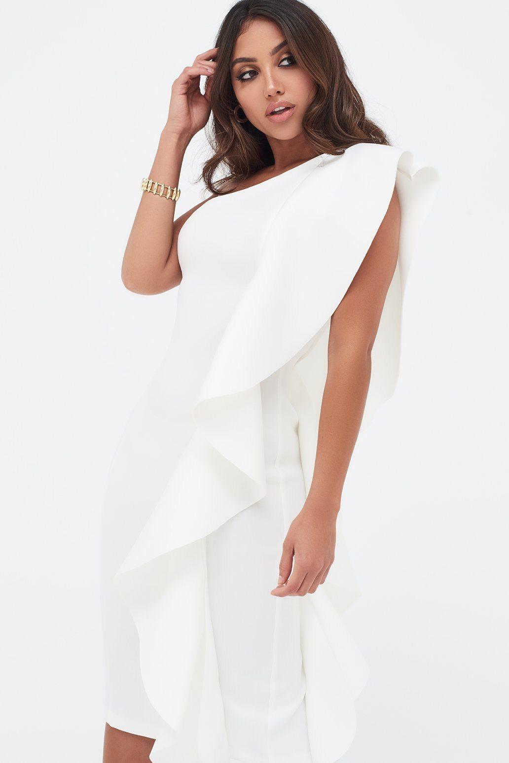 One Shoulder Scuba Exaggerated Frill Midi Dress in White - Lavish Alice