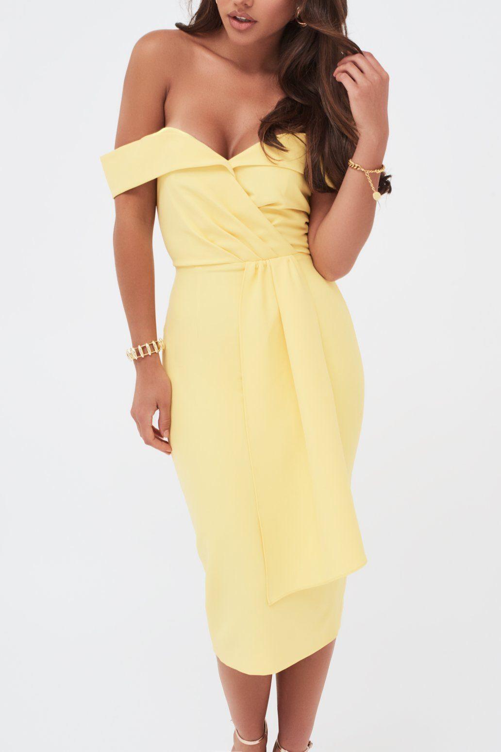 Pleated Bardot Draped Belt Midi Dress In Yellow - Lavish Alice