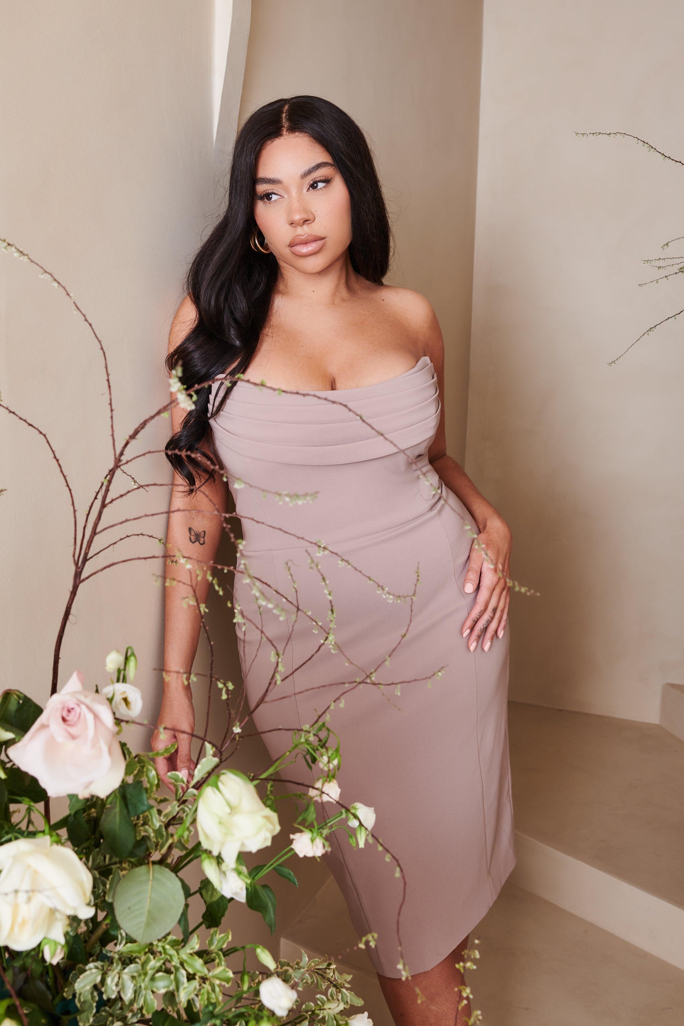 MARIA Curve Cowl Front Bandeau Midi Pencil Dress In Stone - Lavish Alice