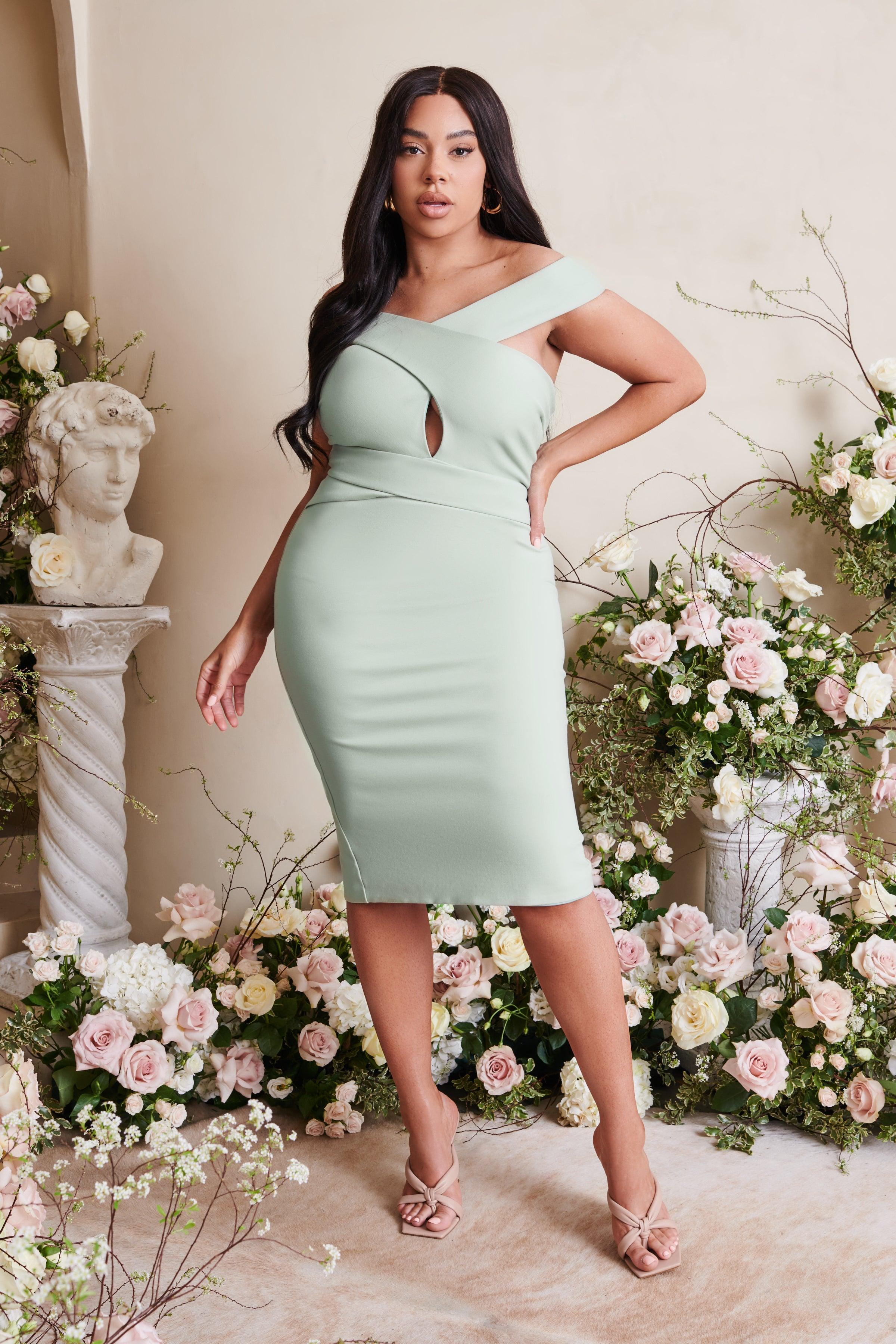 RAELYNN Curve Off Shoulder Wrap Ponte Dress in Sage - Lavish Alice