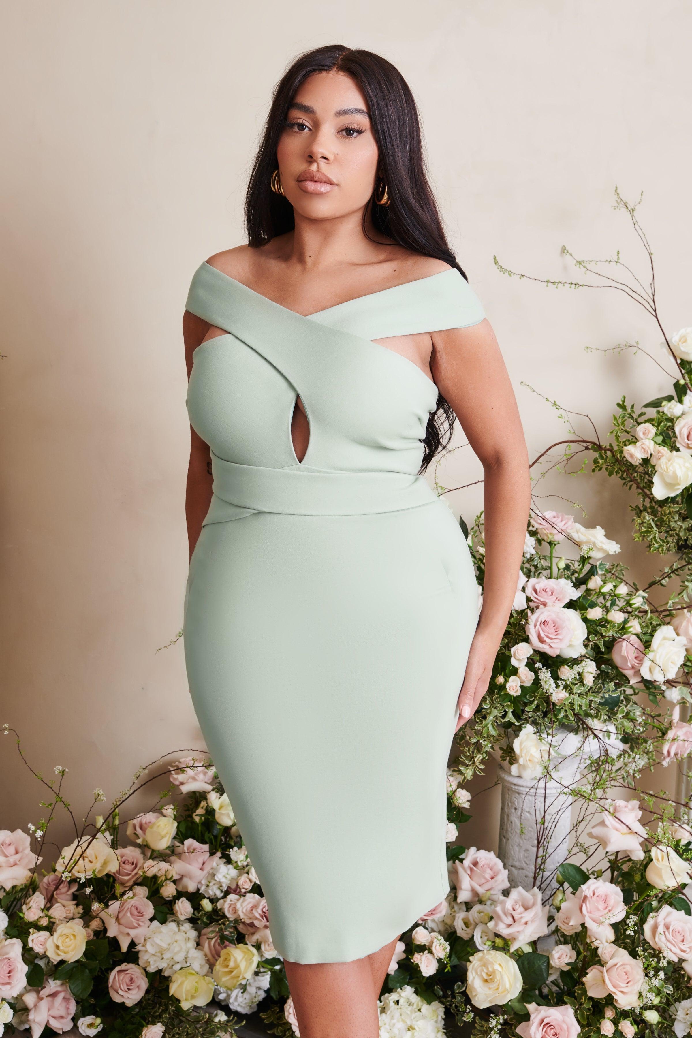 RAELYNN Curve Off Shoulder Wrap Ponte Dress in Sage - Lavish Alice