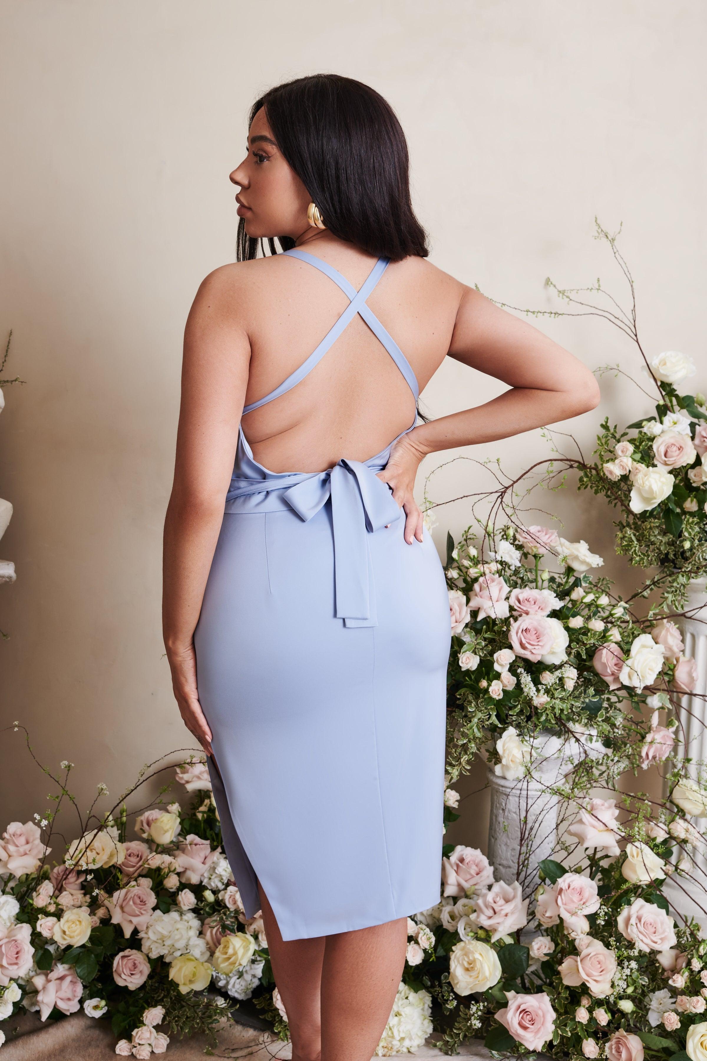 LILIANA Curve Cross Back Cowl Neck Midi Dress in Cornflower Blue - Lavish Alice