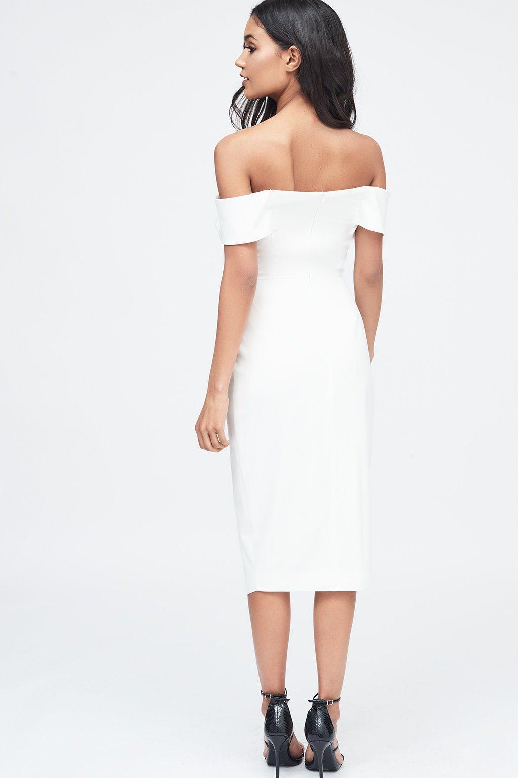 Woven Twist Bardot Midi Dress in White - Lavish Alice