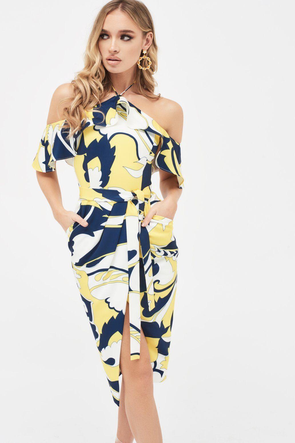 LOGAN Swirl Print Bardot Frill Halterneck Midi Dress - Lavish Alice