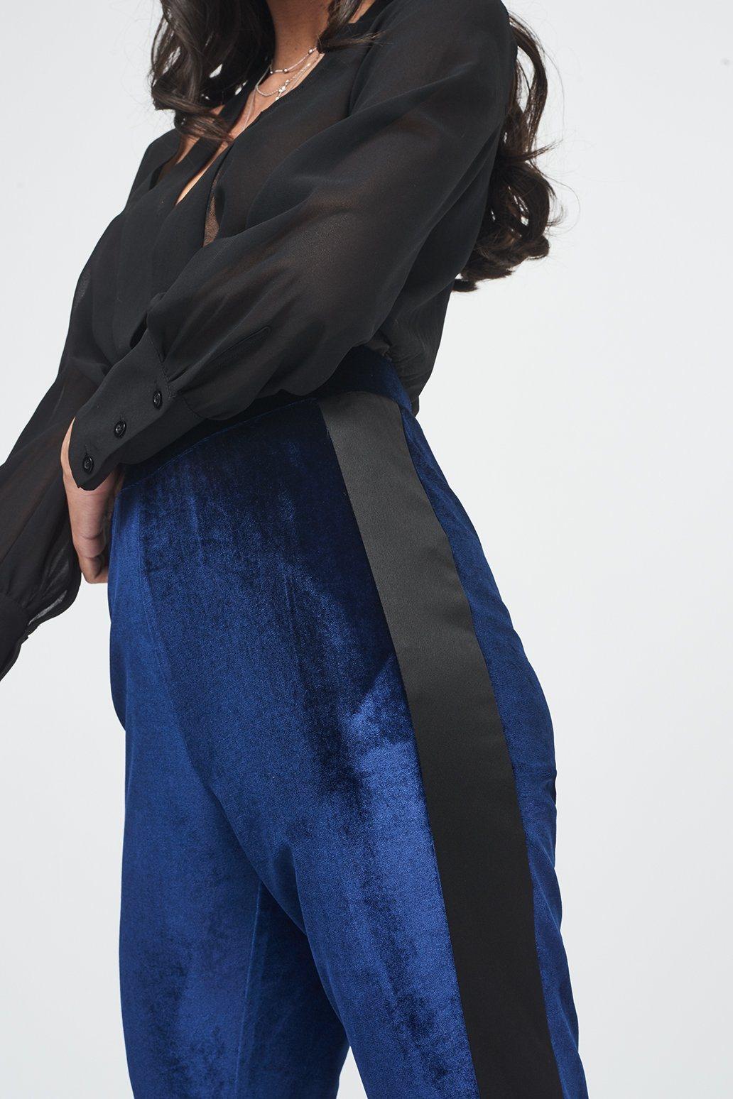 Navy Velvet High Waisted Cropped Trouser with Satin Stripe - Lavish Alice