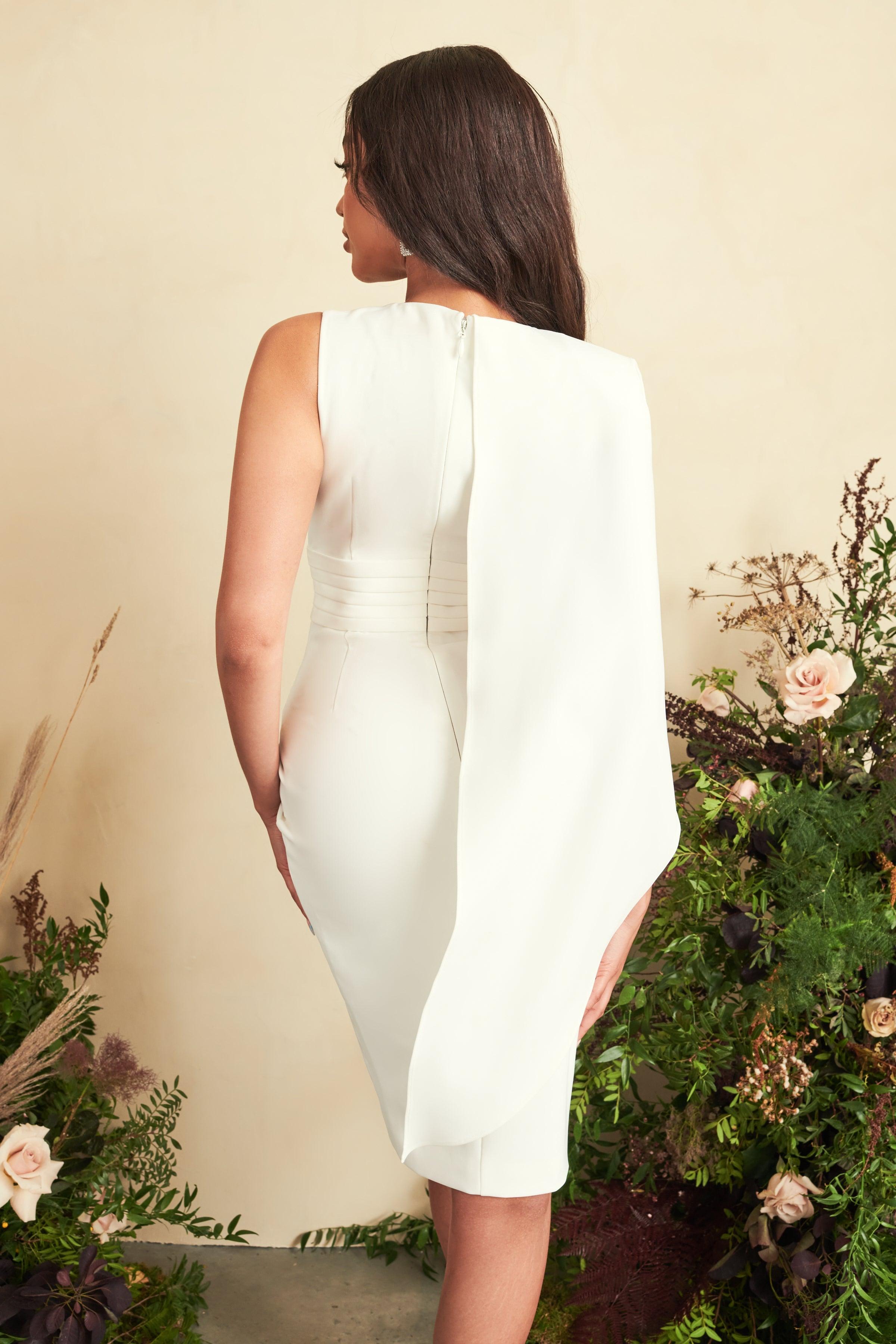 One Shoulder Pleated Waistband Midi Dress in White - Lavish Alice