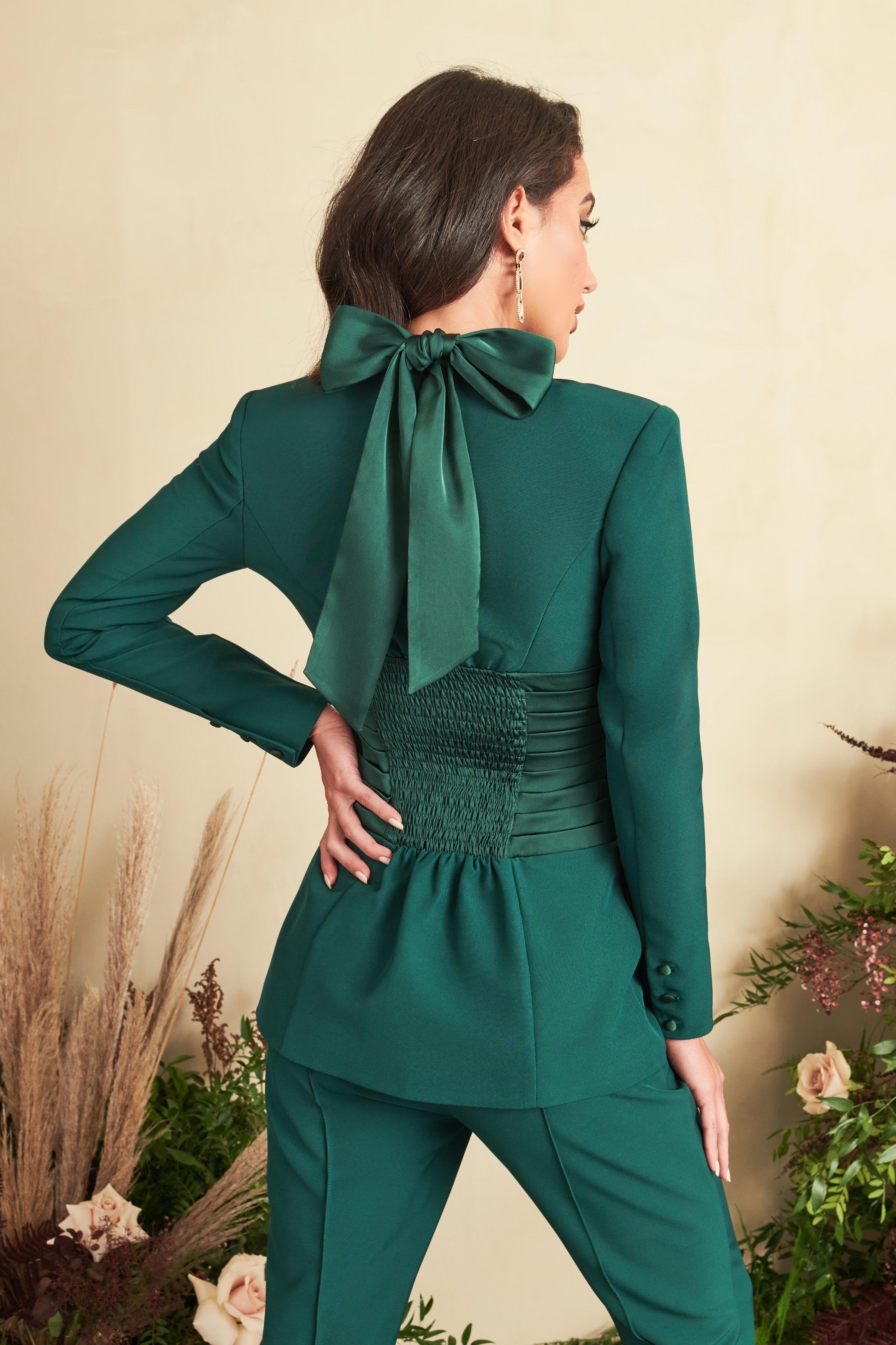 Satin Mix Halter Neck Blazer in Emerald Green - Lavish Alice