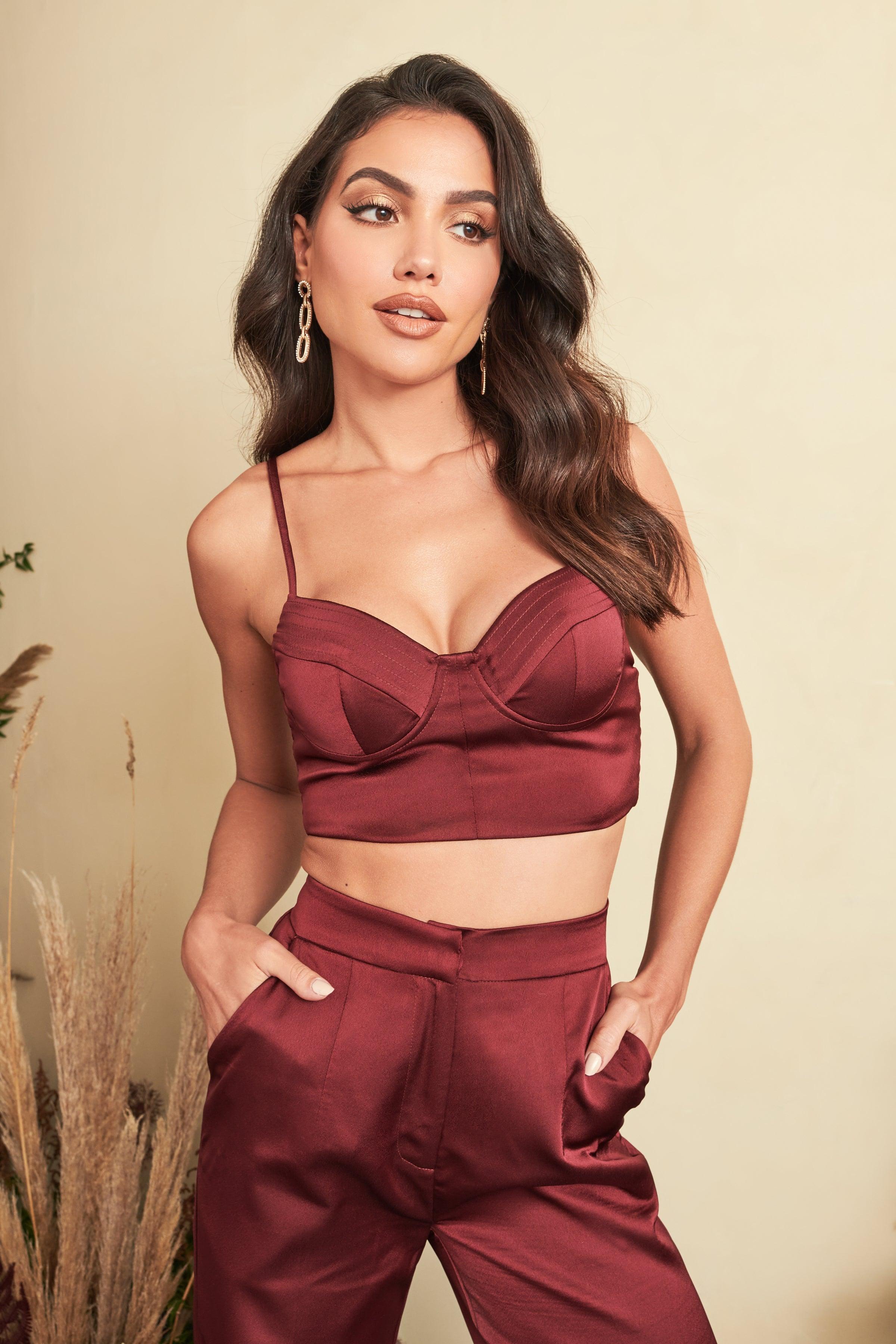 IRIS Bonded Satin Stitch Detail Bralette in Burgundy - Lavish Alice