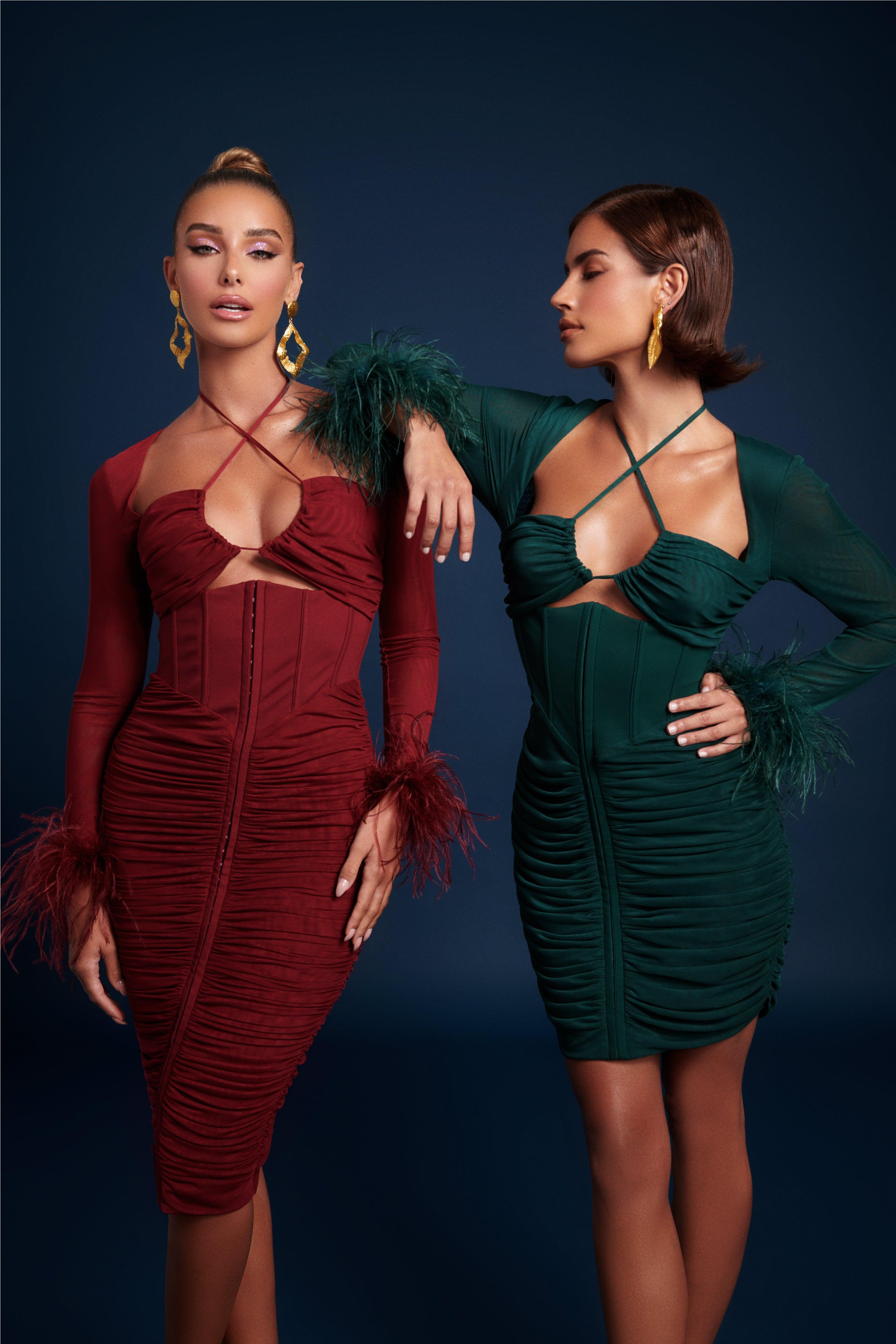 CATALINA Gathered Mesh Midi Dress With Feather Cuffs In Burgundy - Lavish Alice