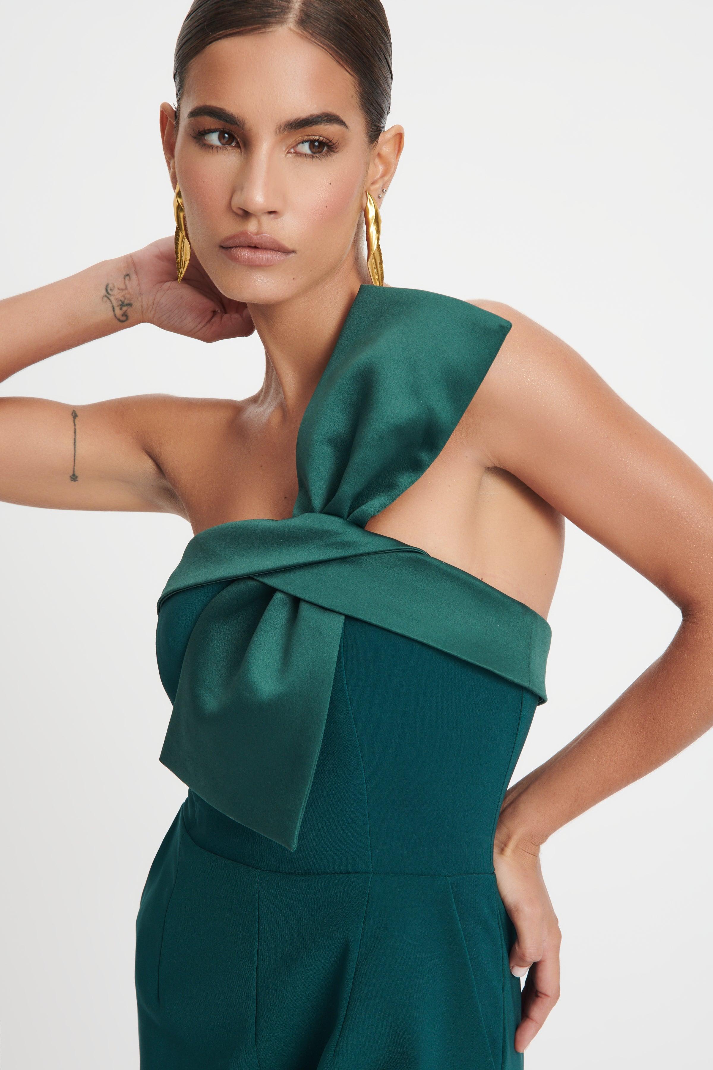 RIVER Satin Mix Bandeau Bow Detail Jumpsuit In Emerald - Lavish Alice