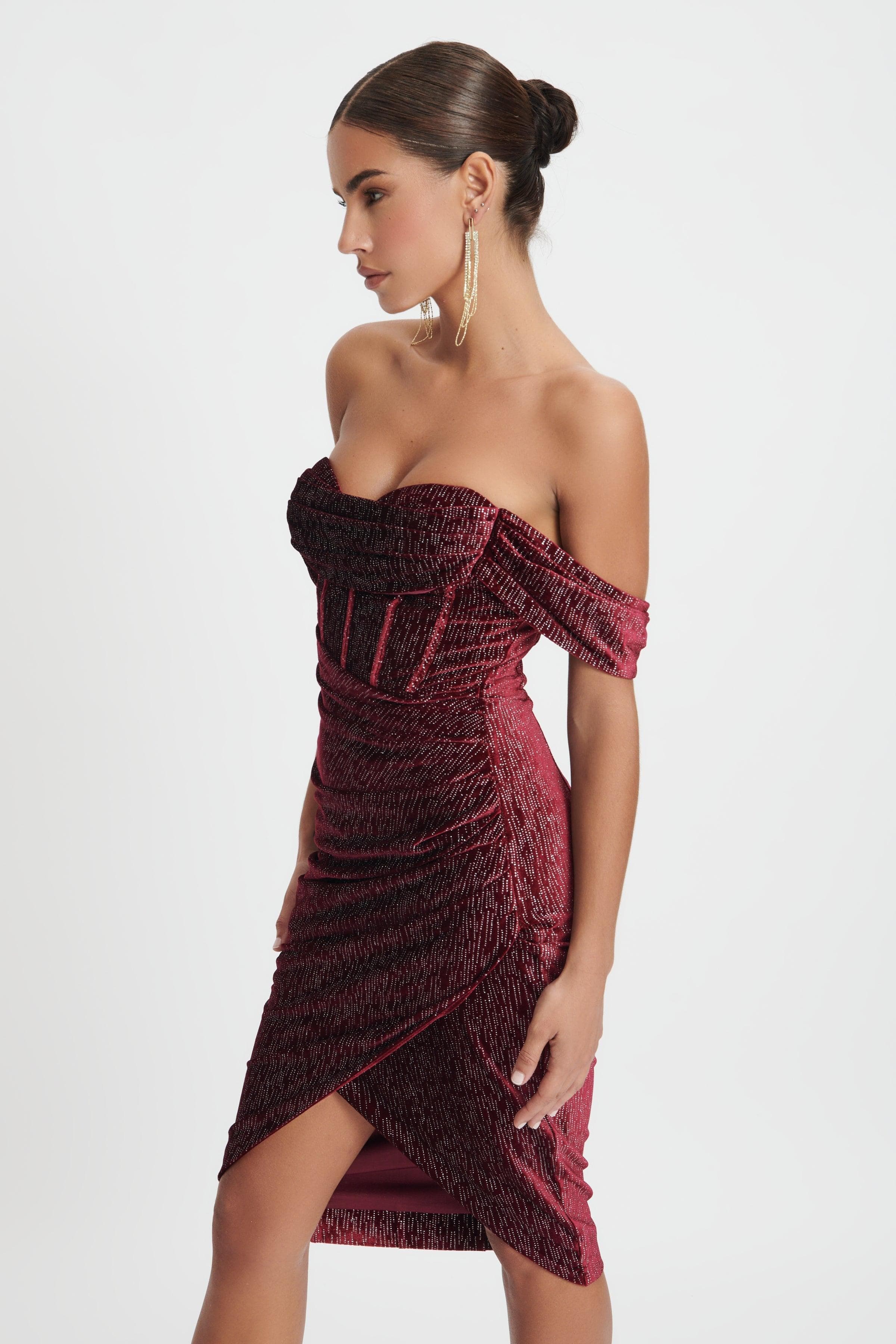 BLAKE Diamante Velvet Pleated Off Shoulder Midi Dress In Burgundy - Lavish Alice