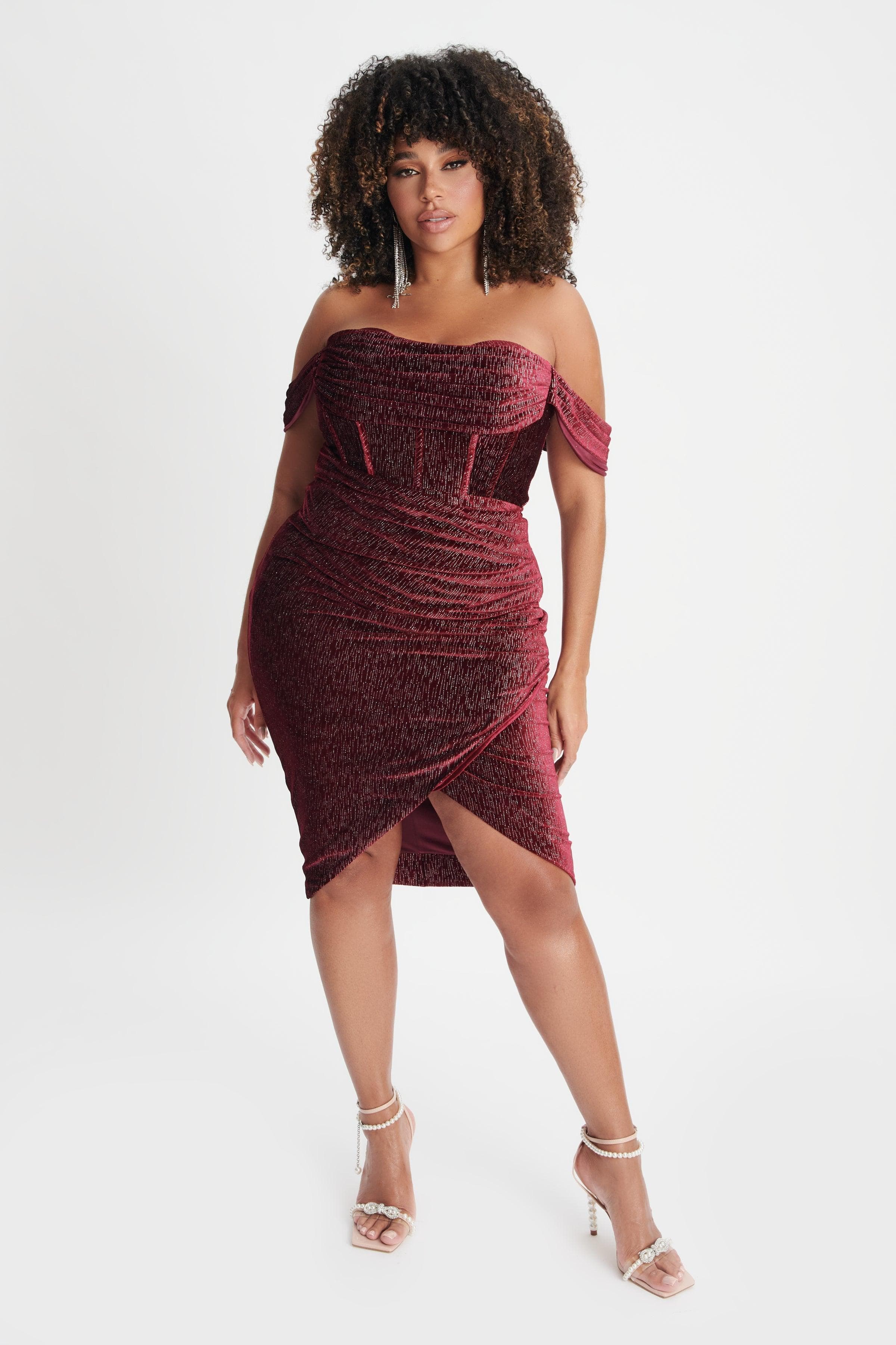 BLAKE Curve Diamante Velvet Pleated Off Shoulder Midi Dress In Burgundy - Lavish Alice