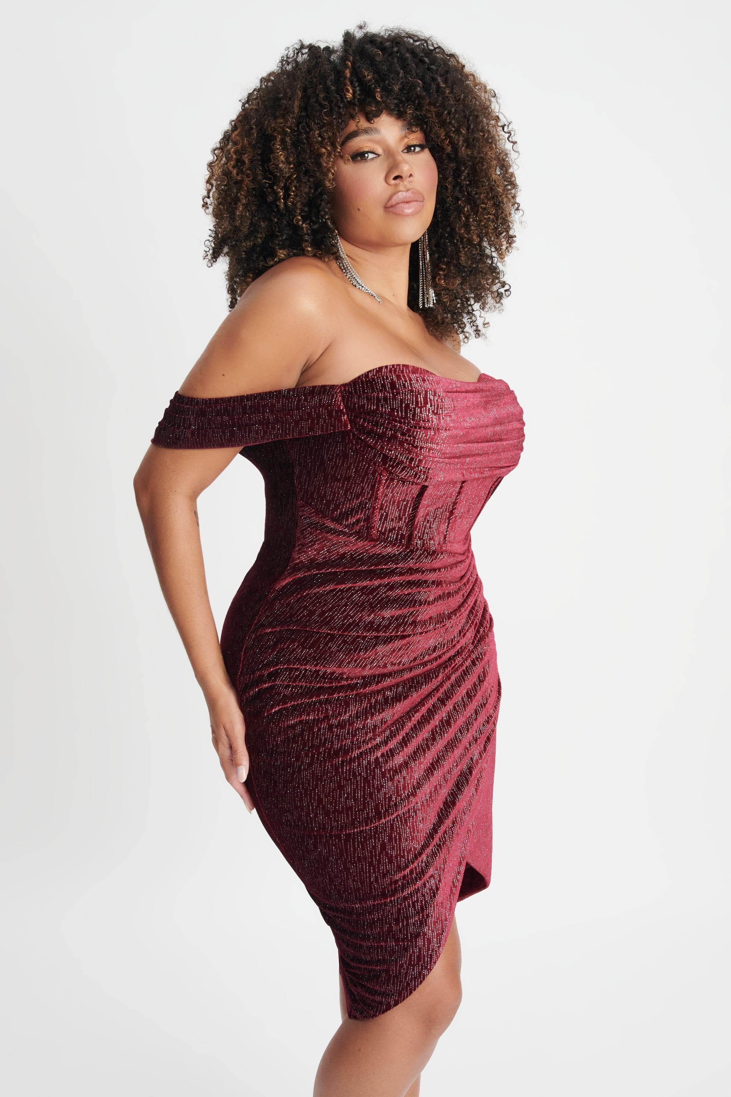 BLAKE Curve Diamante Velvet Pleated Off Shoulder Midi Dress In Burgundy - Lavish Alice