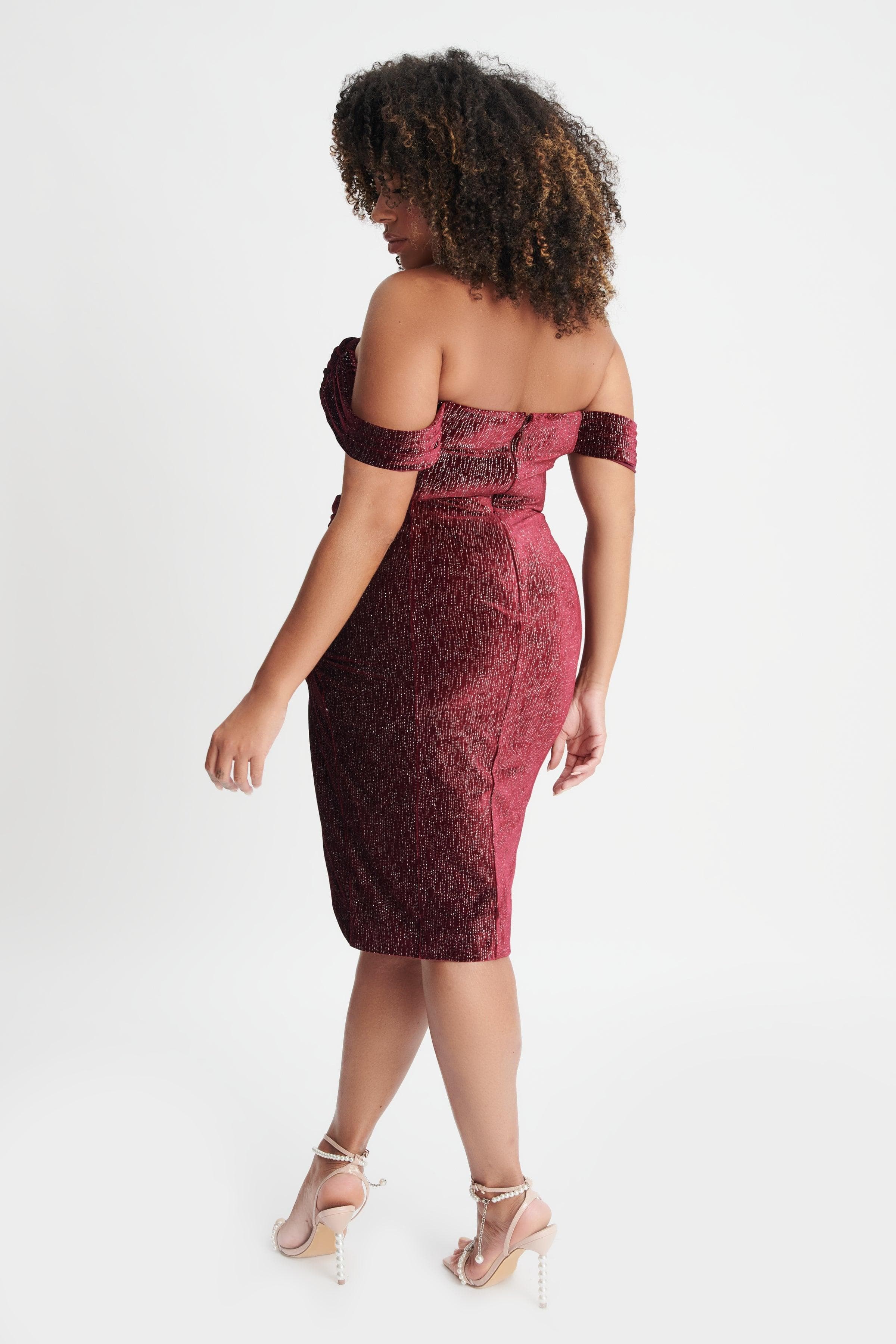 BLAKE Curve Diamante Velvet Pleated Off Shoulder Midi Dress In Burgundy - Lavish Alice