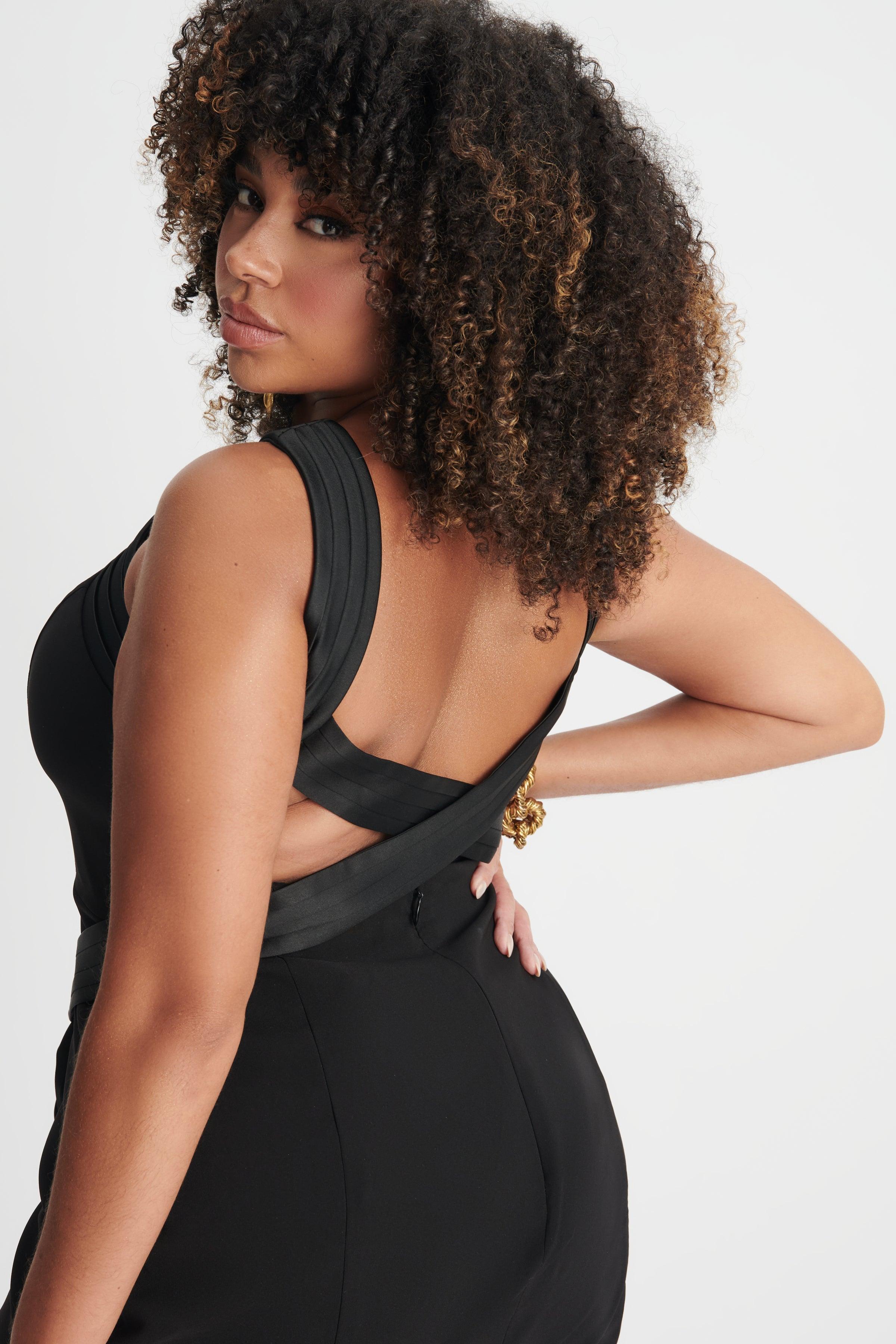 ISLA Curve Satin Mix Cross Over Midi Dress In Black - Lavish Alice