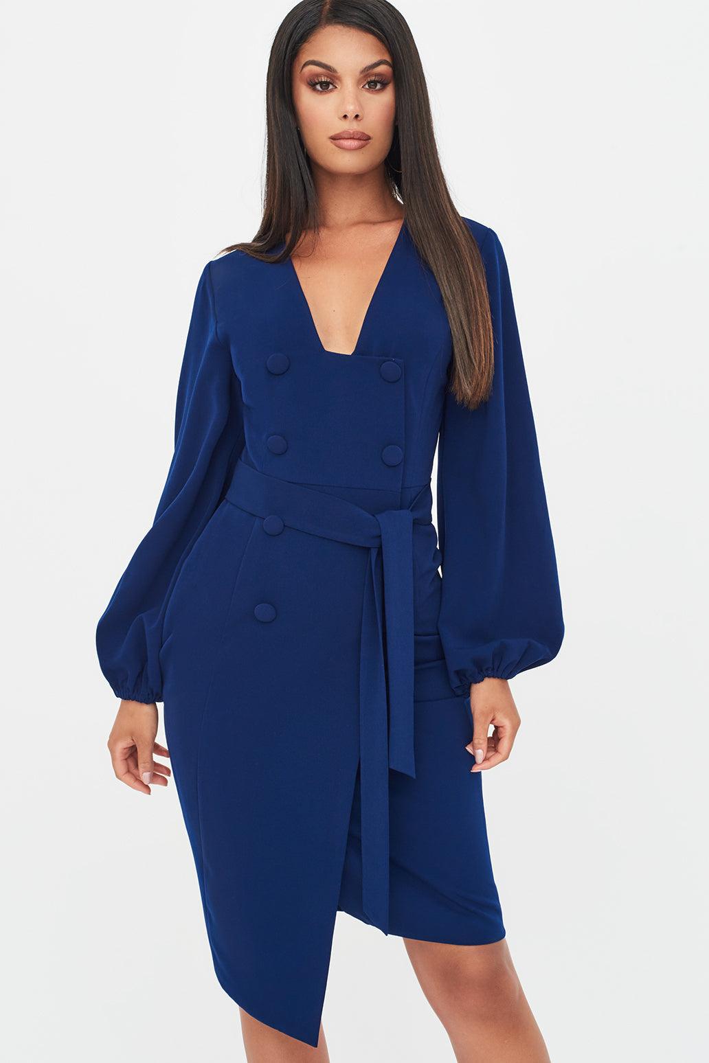 Balloon Sleeve Button Detail Dress in Navy - Lavish Alice