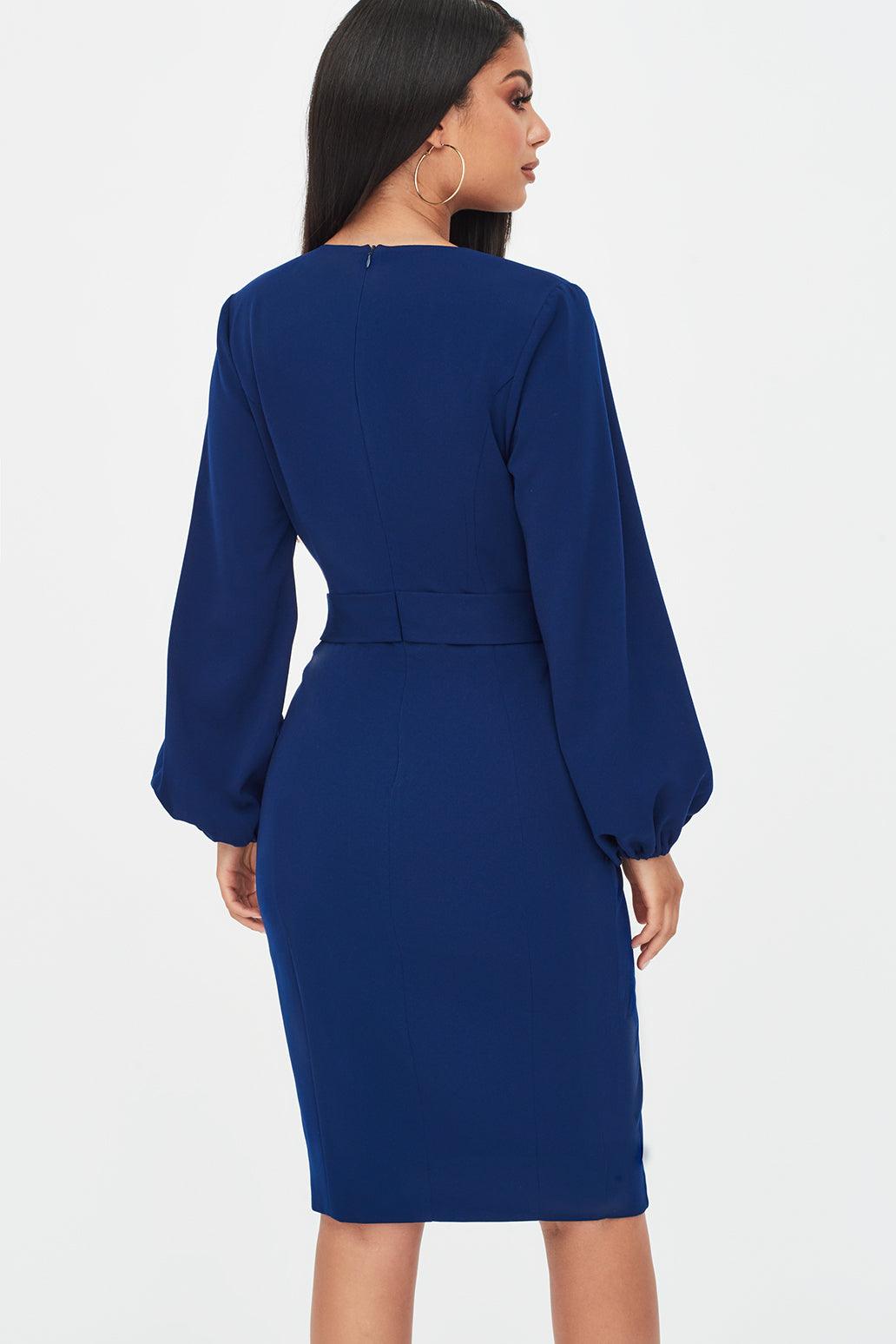 Balloon Sleeve Button Detail Dress in Navy - Lavish Alice