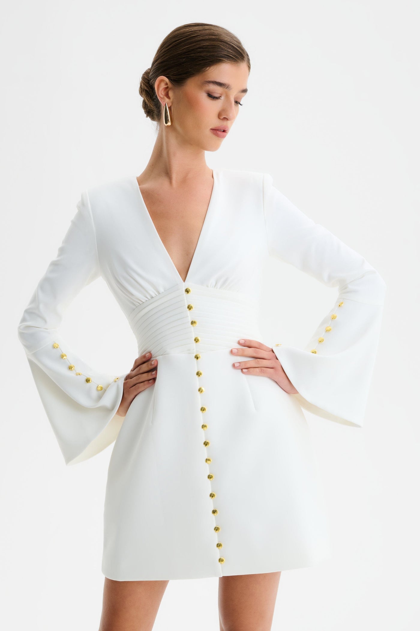 LARA Fluted Sleeve Micro Shell Button Mini Dress in White main image 1