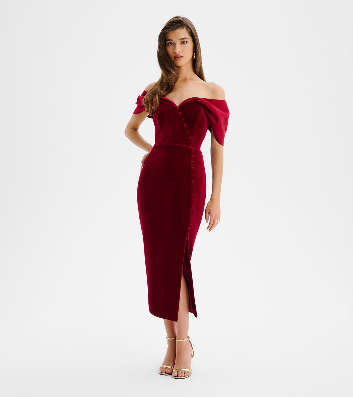 ESME Curve Diamante Velvet Puff Sleeve Midi Dress in Chocolate
