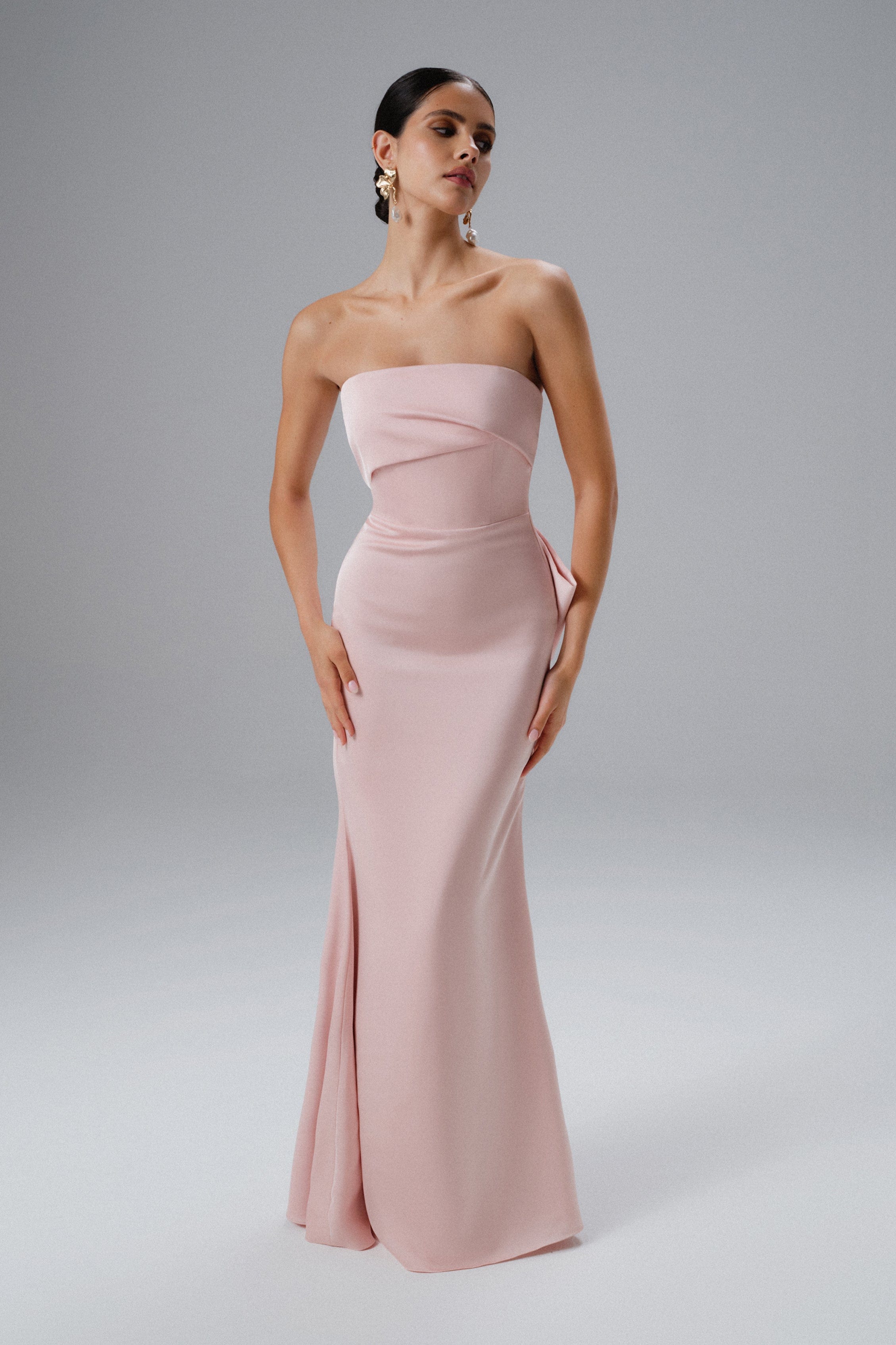 JOVIE Bow Detail Bandeau Satin Maxi Dress in Pink