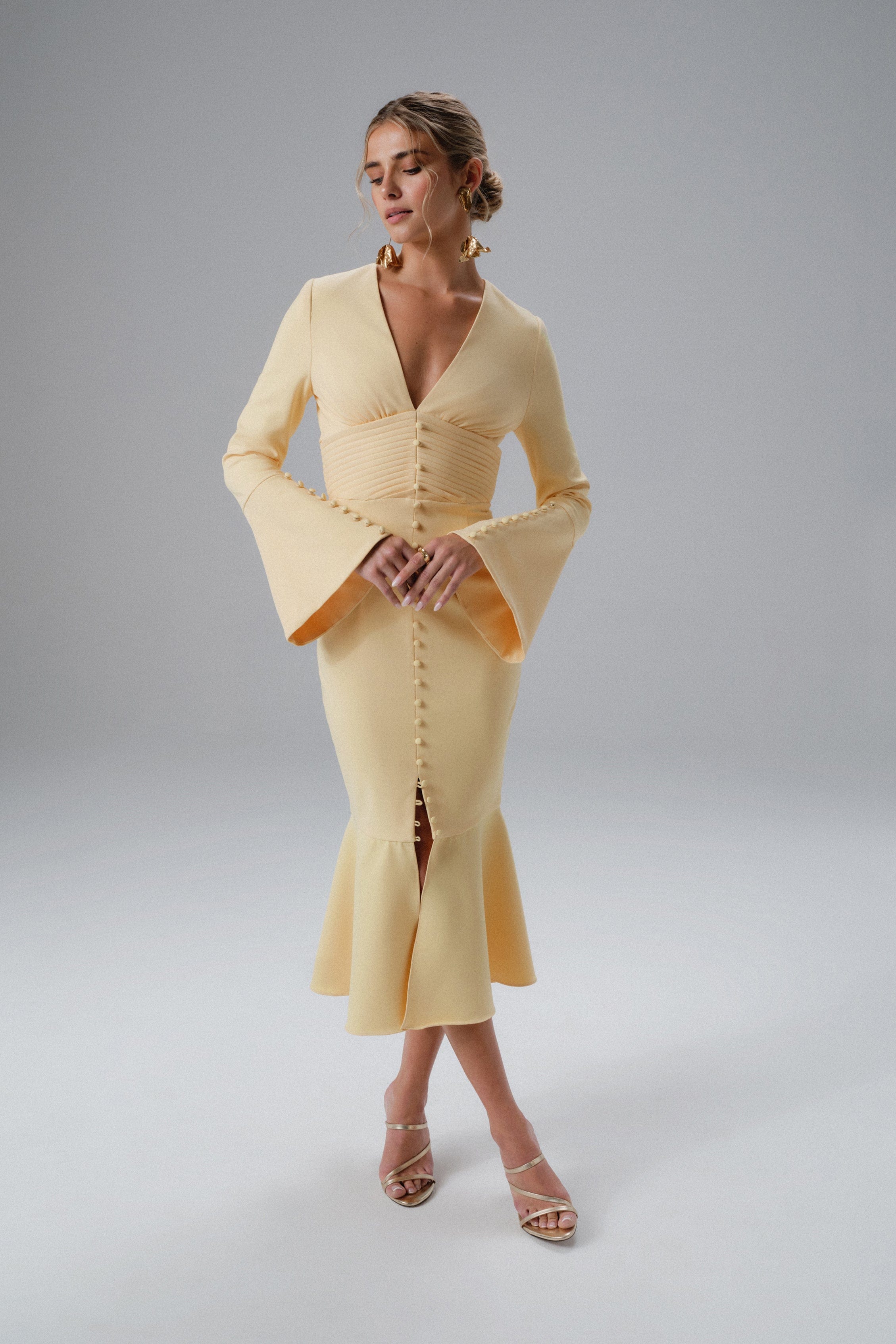SALMA Fluted Sleeve Longline Fishtail Midi Dress In Yellow