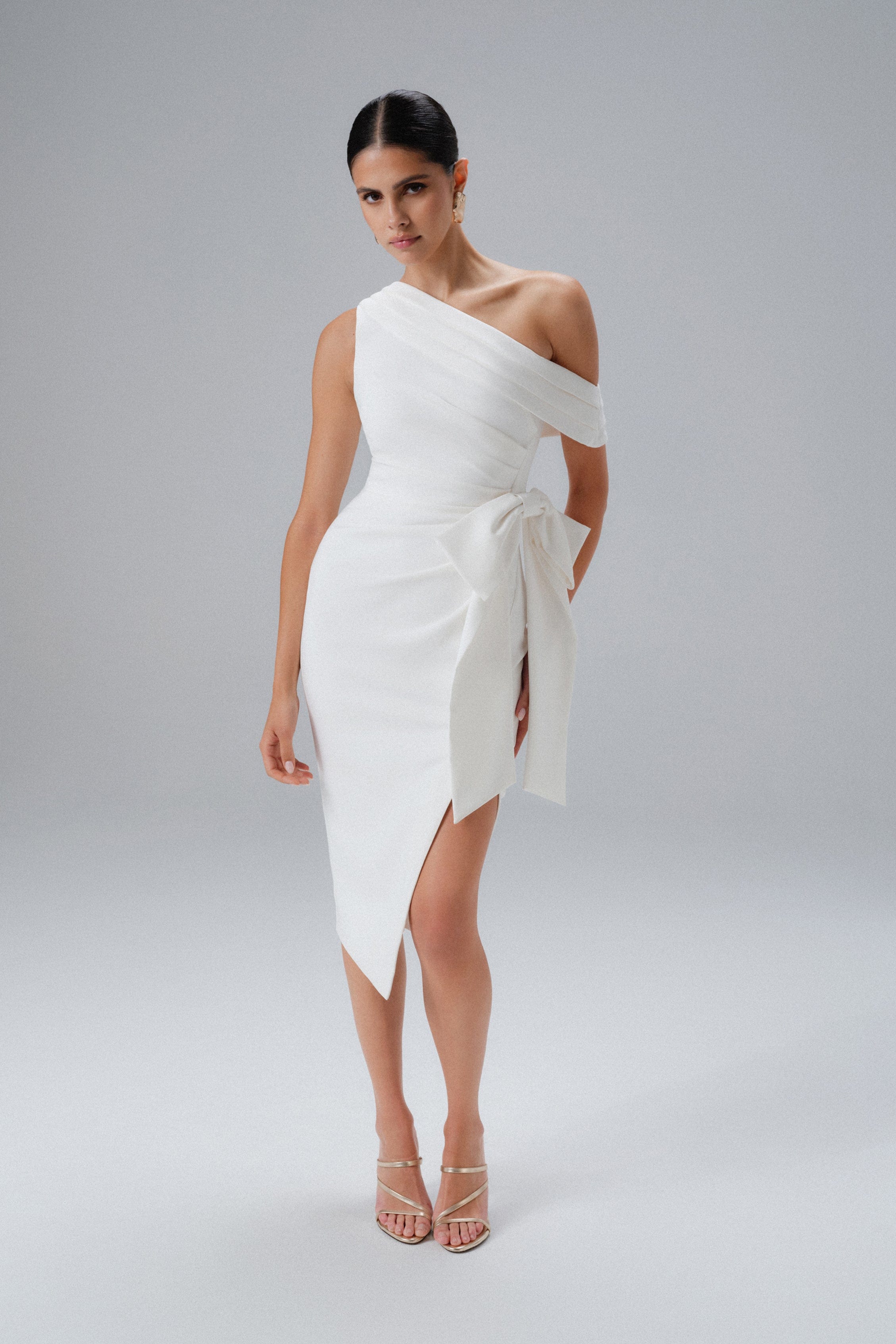 HONEY One Shoulder Pleated Bow Midi Dress in White