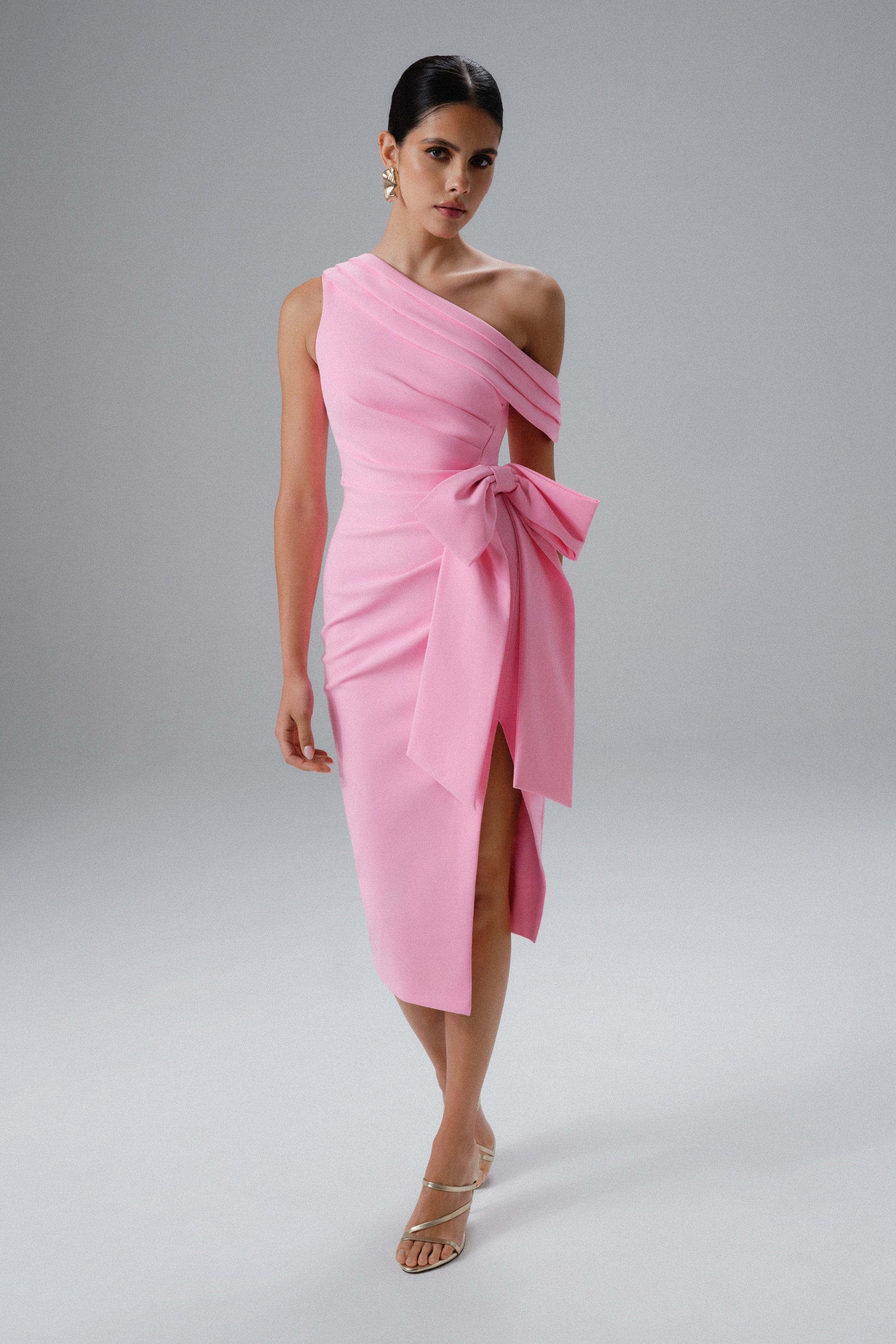 HONEY One Shoulder Pleated Bow Midi Dress in Pink