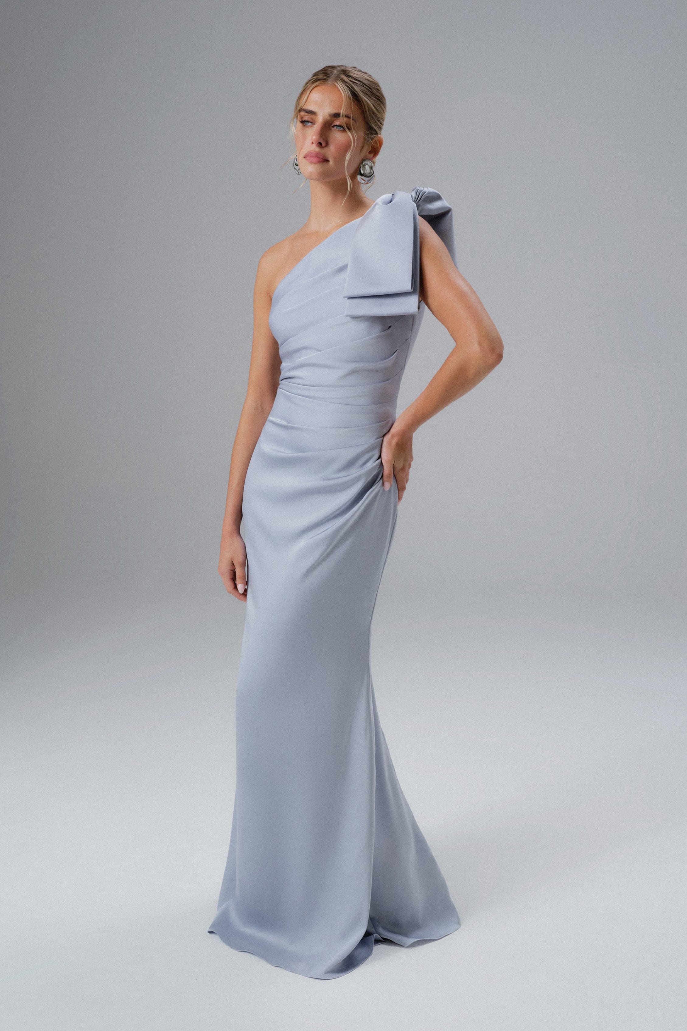 EMELIA One Shoulder Bow Pleated Maxi Dress in Dusty Blue