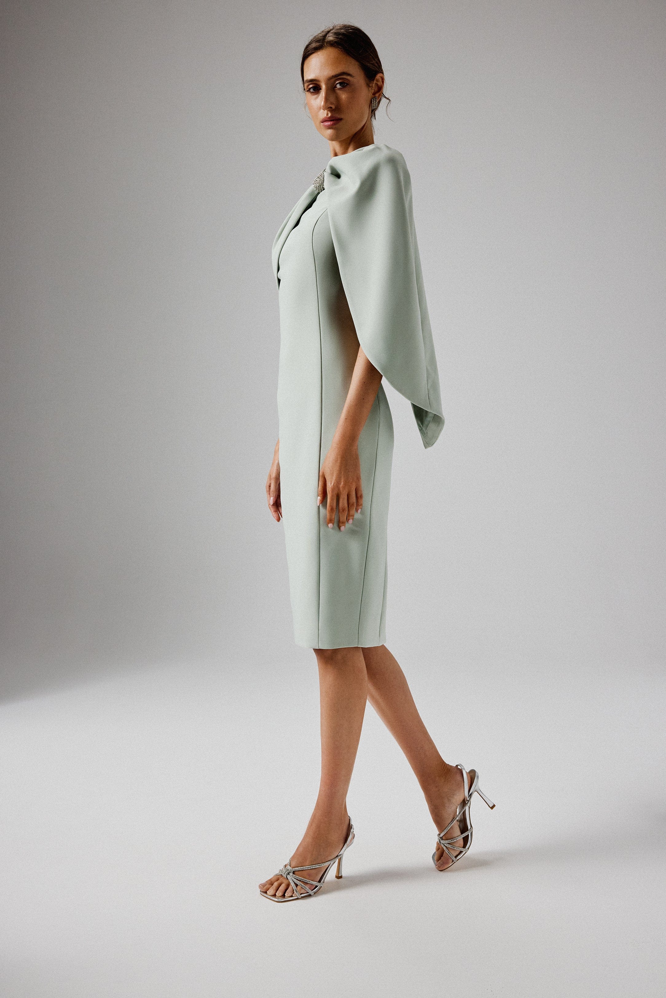 TINA One Shoulder Embellished Bow Cape Midi Dress in Sage Green