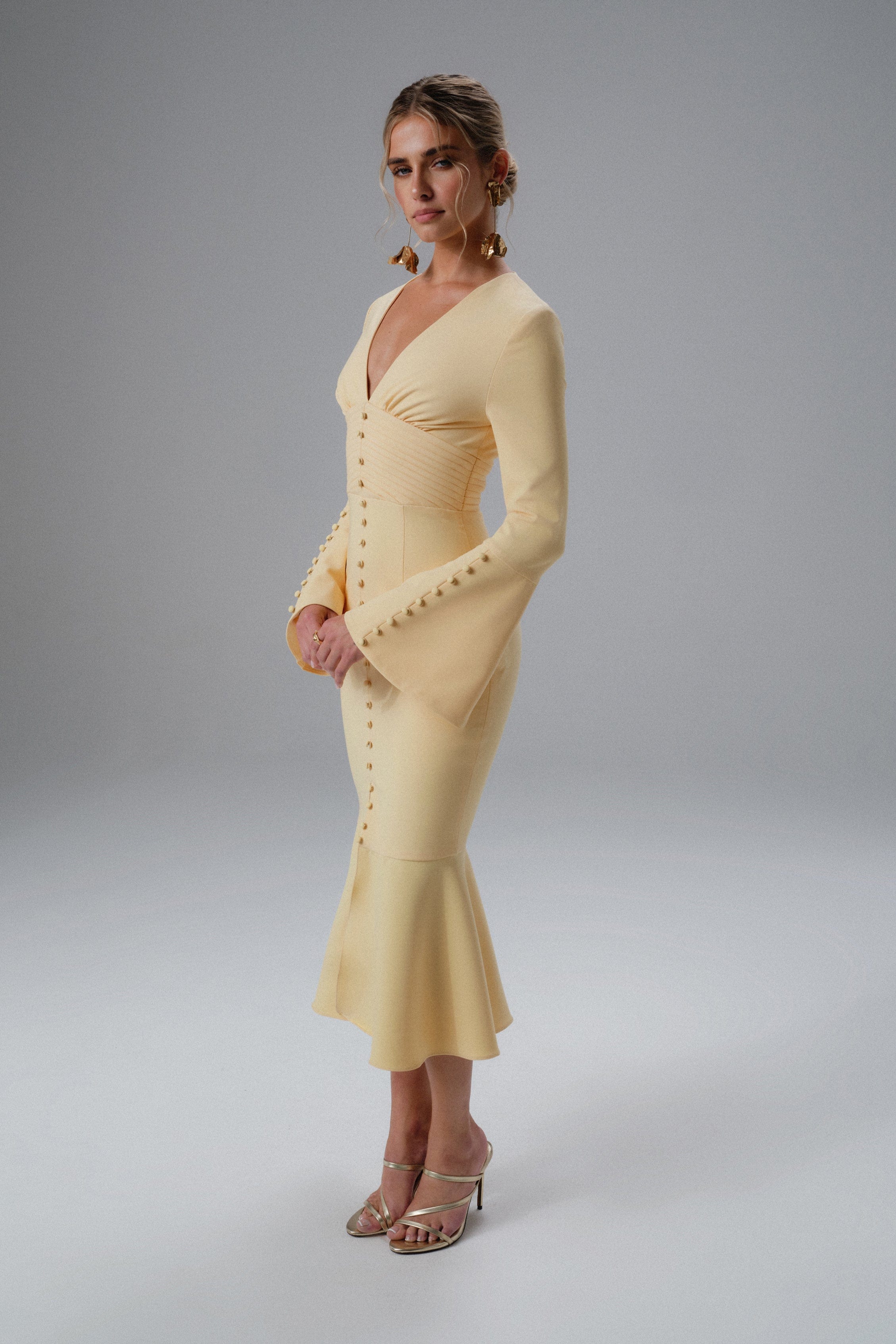 SALMA Fluted Sleeve Longline Fishtail Midi Dress In Yellow