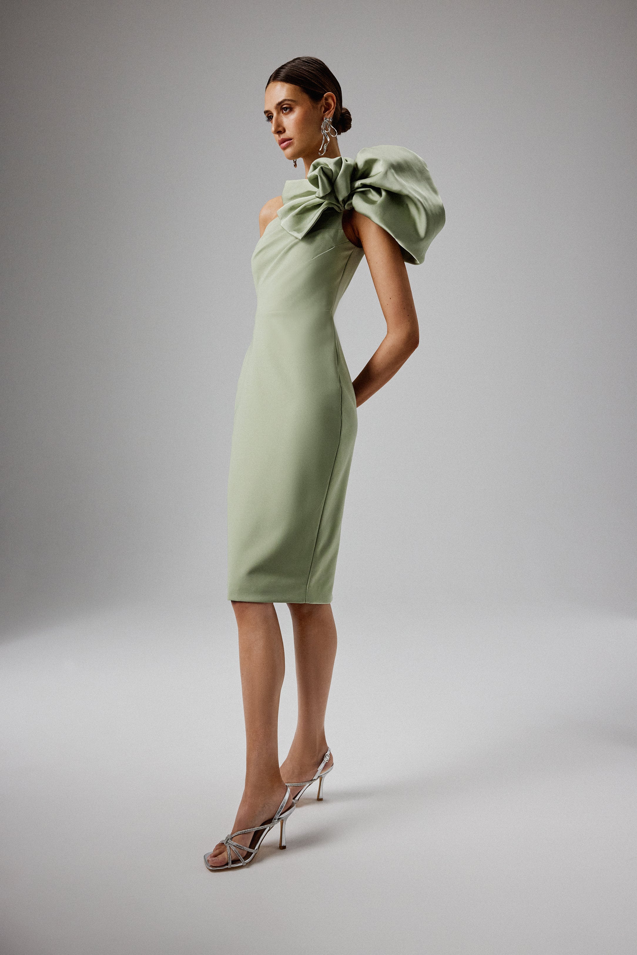 TAYTE One Shoulder Detail Midi Dress in Sage Green