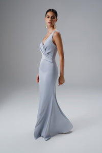 ELLE Draped Wrap Satin Maxi Dress in Blue