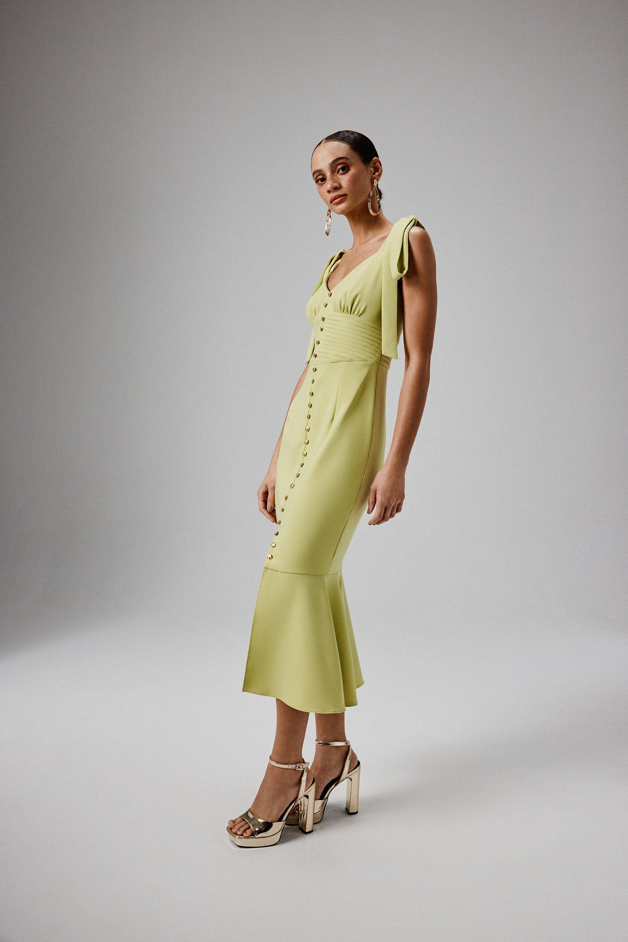 KAMILA Tie Strap Micro Shell Button Midi Dress in Lime Green