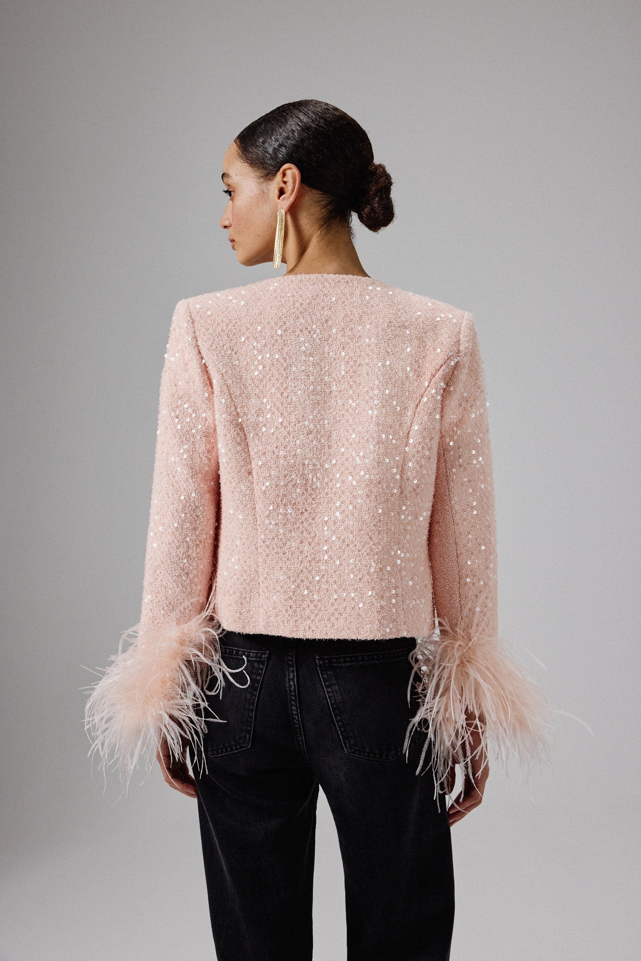 LARIA Sequin Boucle Jacket with Gold Shell Embellishment in Pink