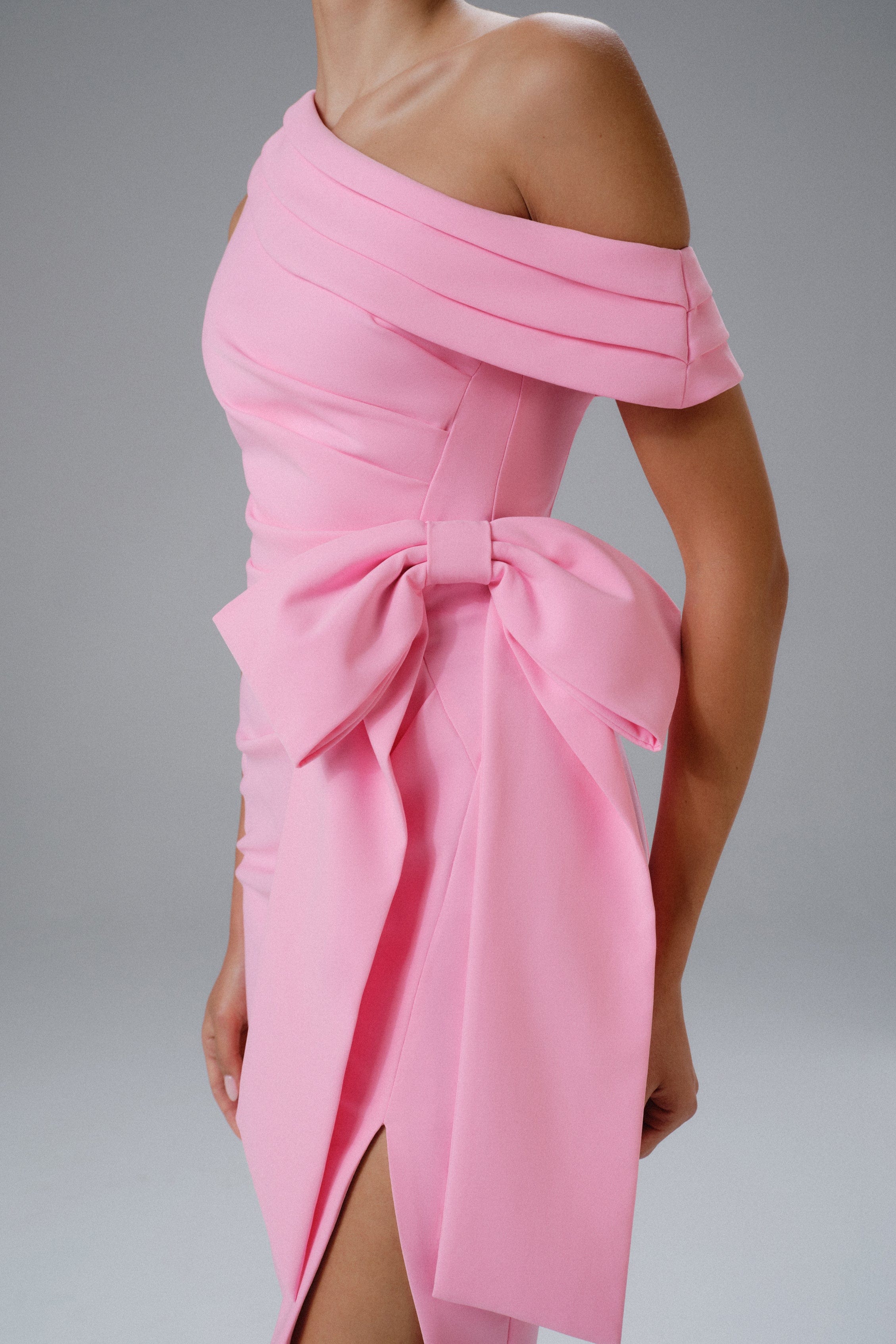 HONEY One Shoulder Pleated Bow Midi Dress in Pink