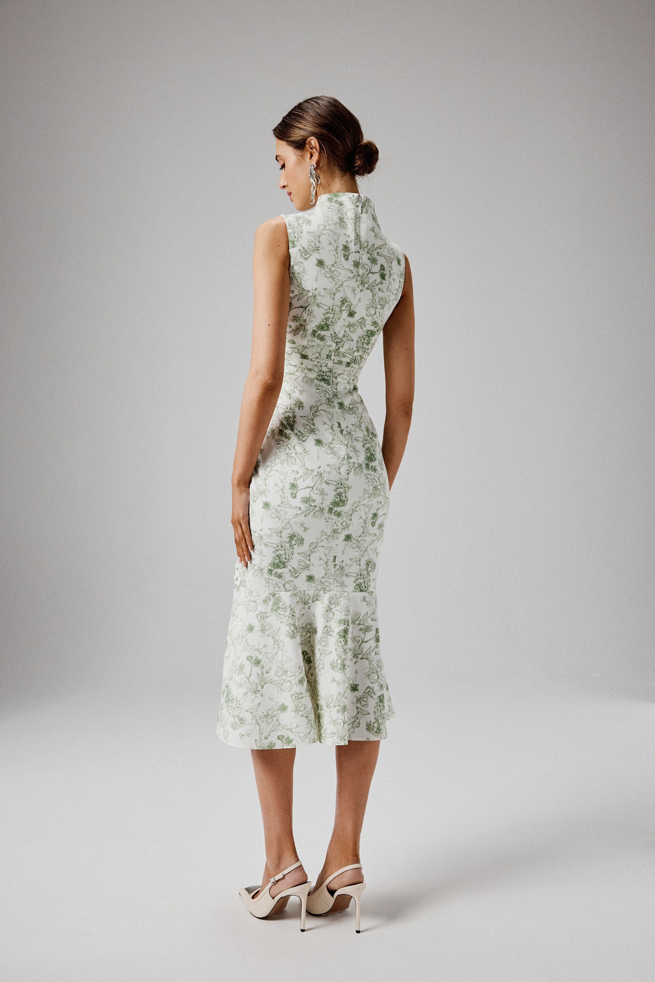 SAFFRON High Neck Crepe Midi Dress in Sage Porcelain Print