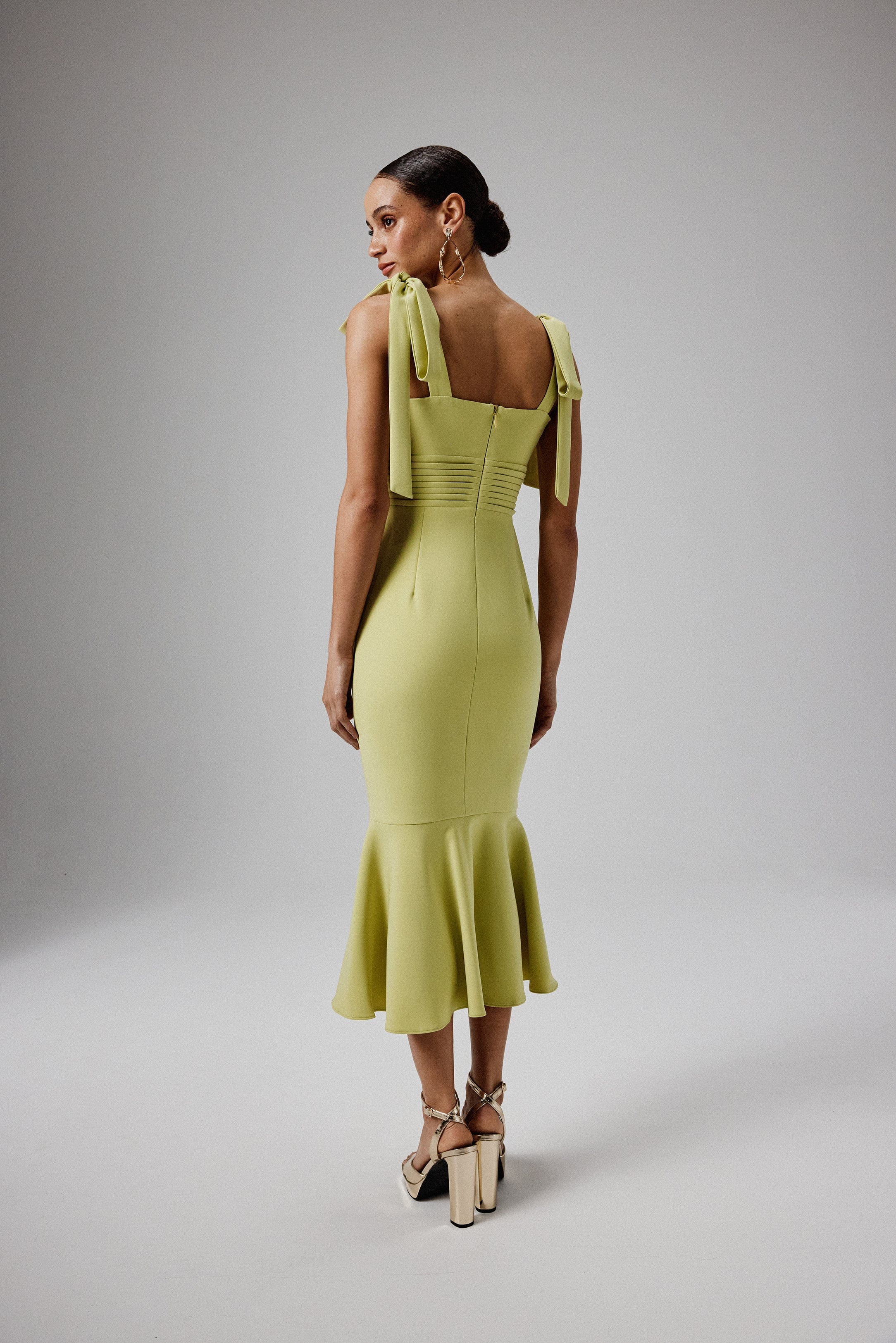 KAMILA Tie Strap Micro Shell Button Midi Dress in Lime Green