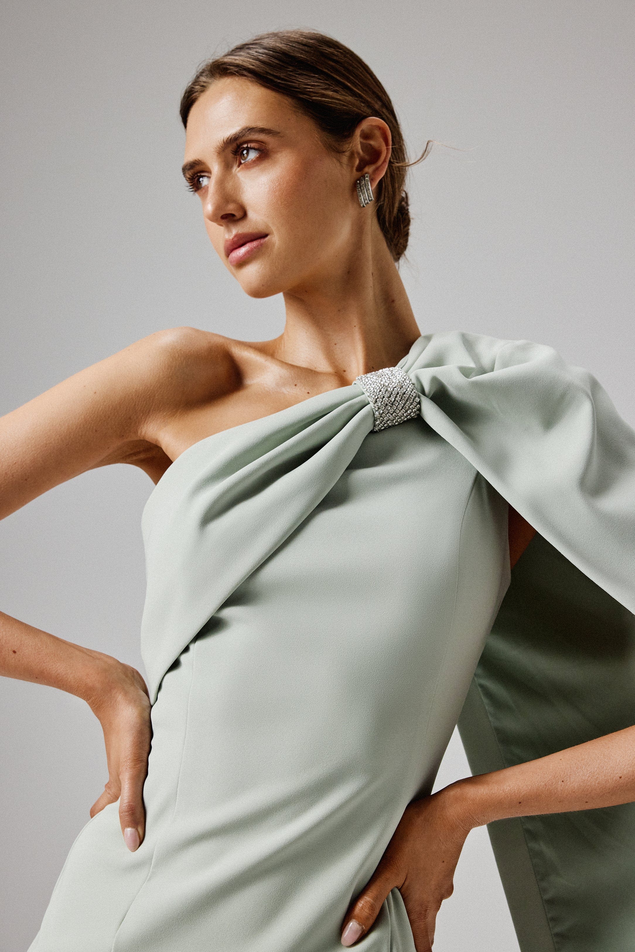 TINA One Shoulder Embellished Bow Cape Midi Dress in Sage Green