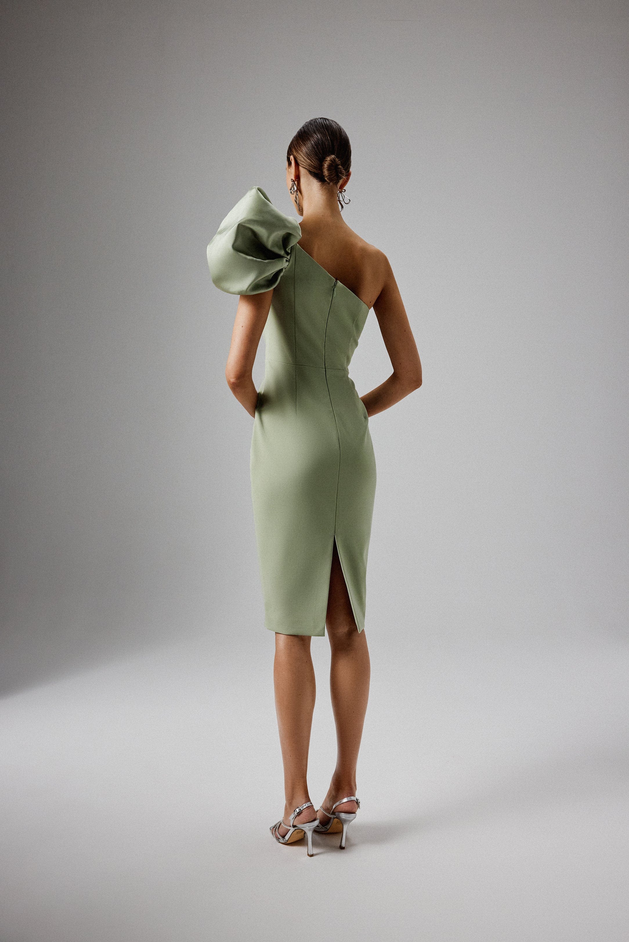 TAYTE One Shoulder Detail Midi Dress in Sage Green