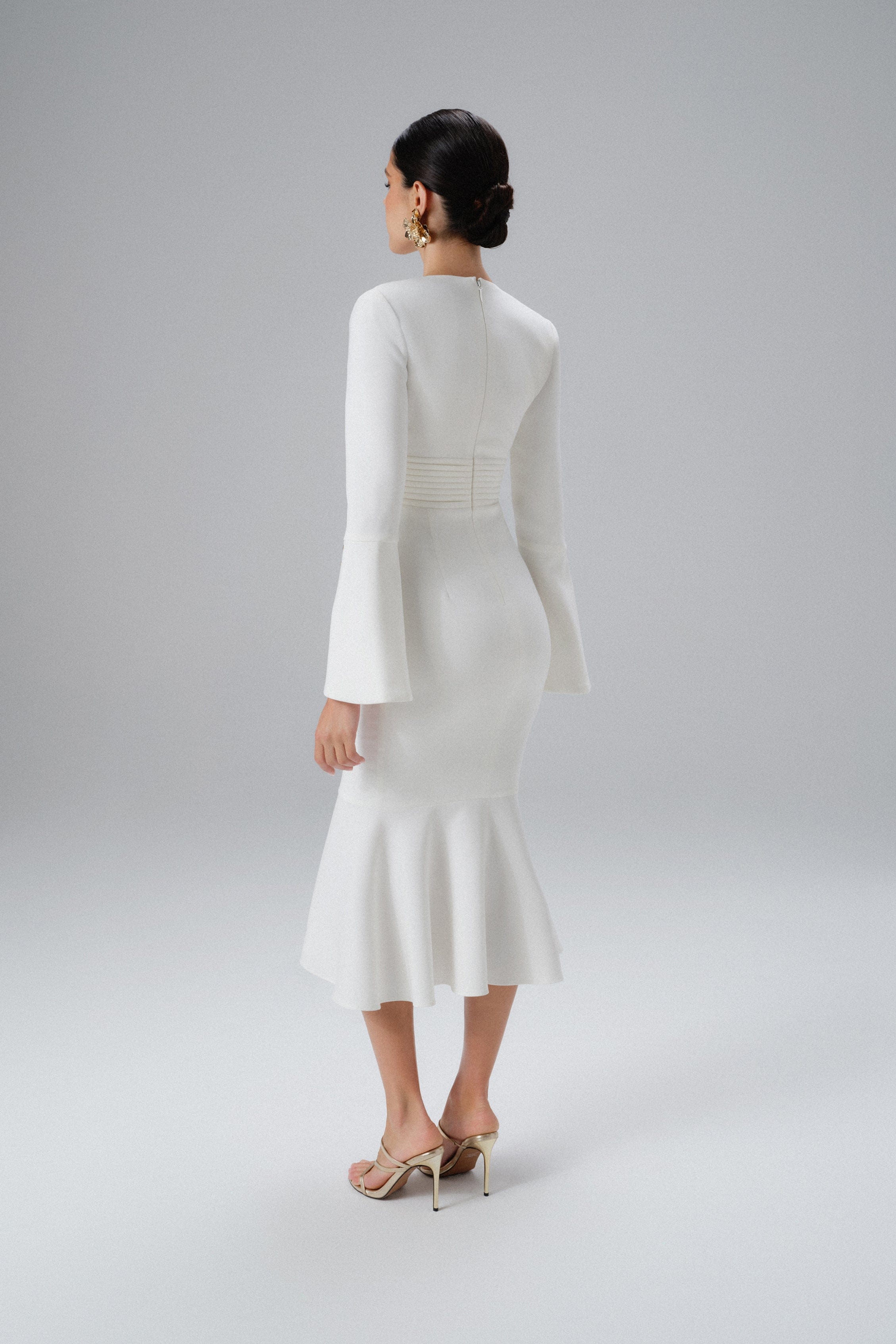 SALMA Fluted Sleeve Micro Rose Button Midi Dress in White