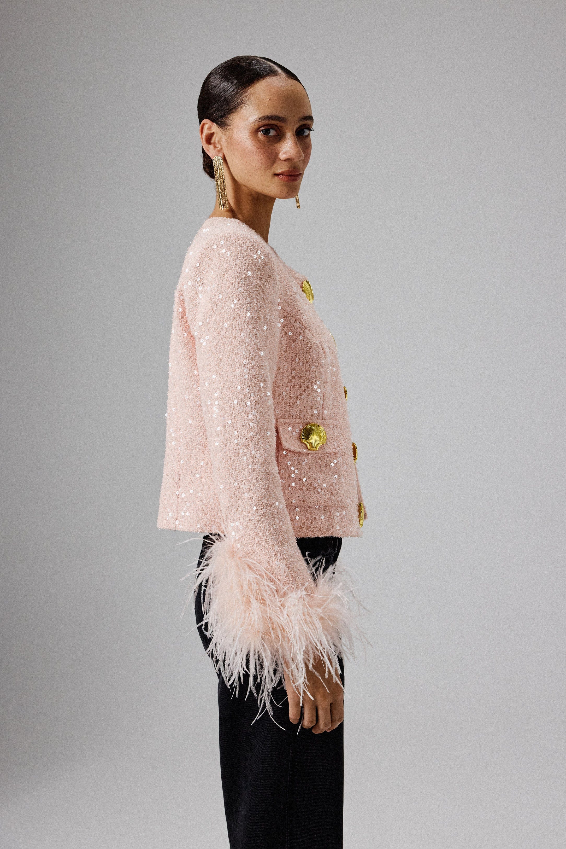 LARIA Sequin Boucle Jacket with Gold Shell Embellishment in Pink