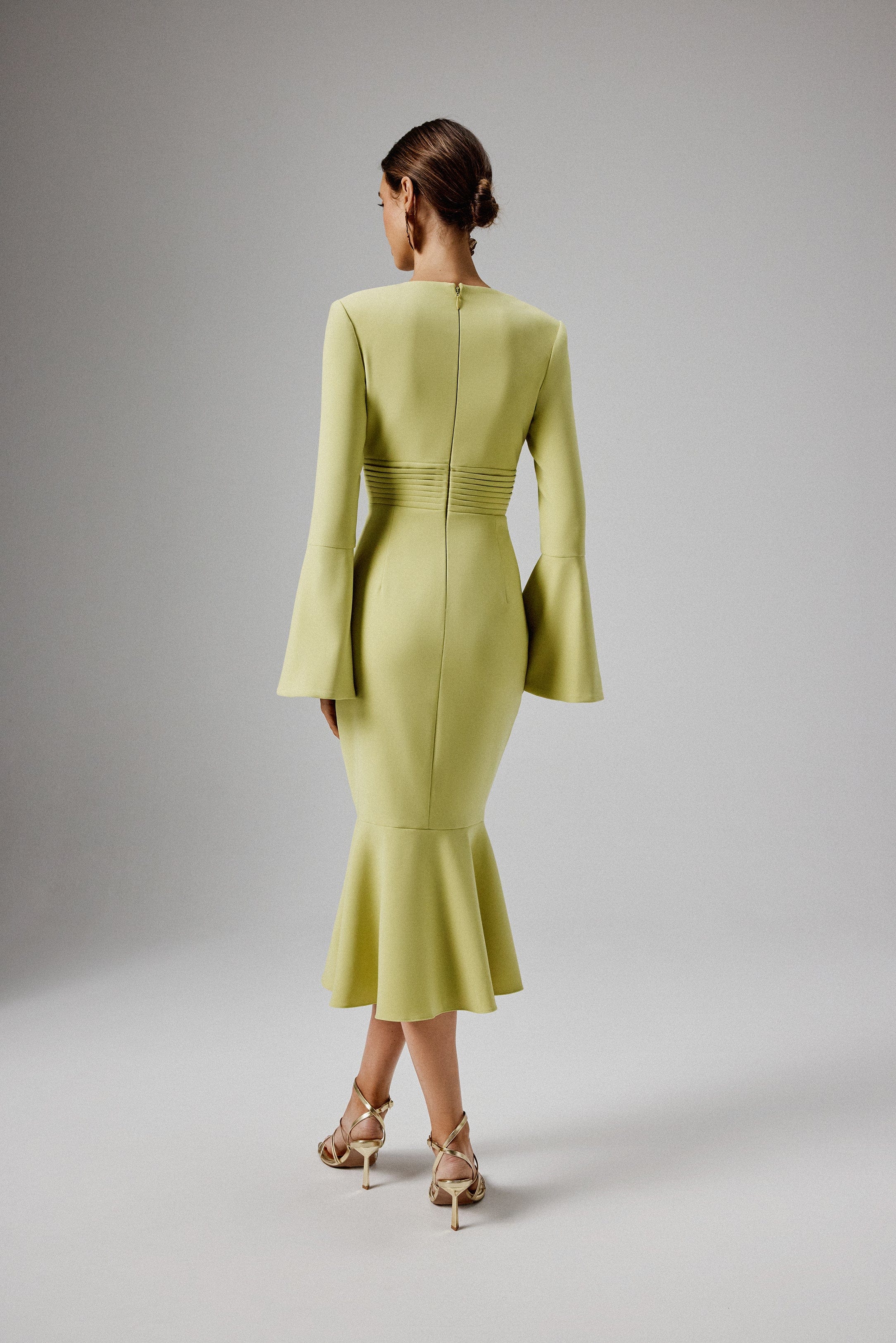 SALMA Fluted Sleeve Micro Shell Button Midi Dress in Lime Green