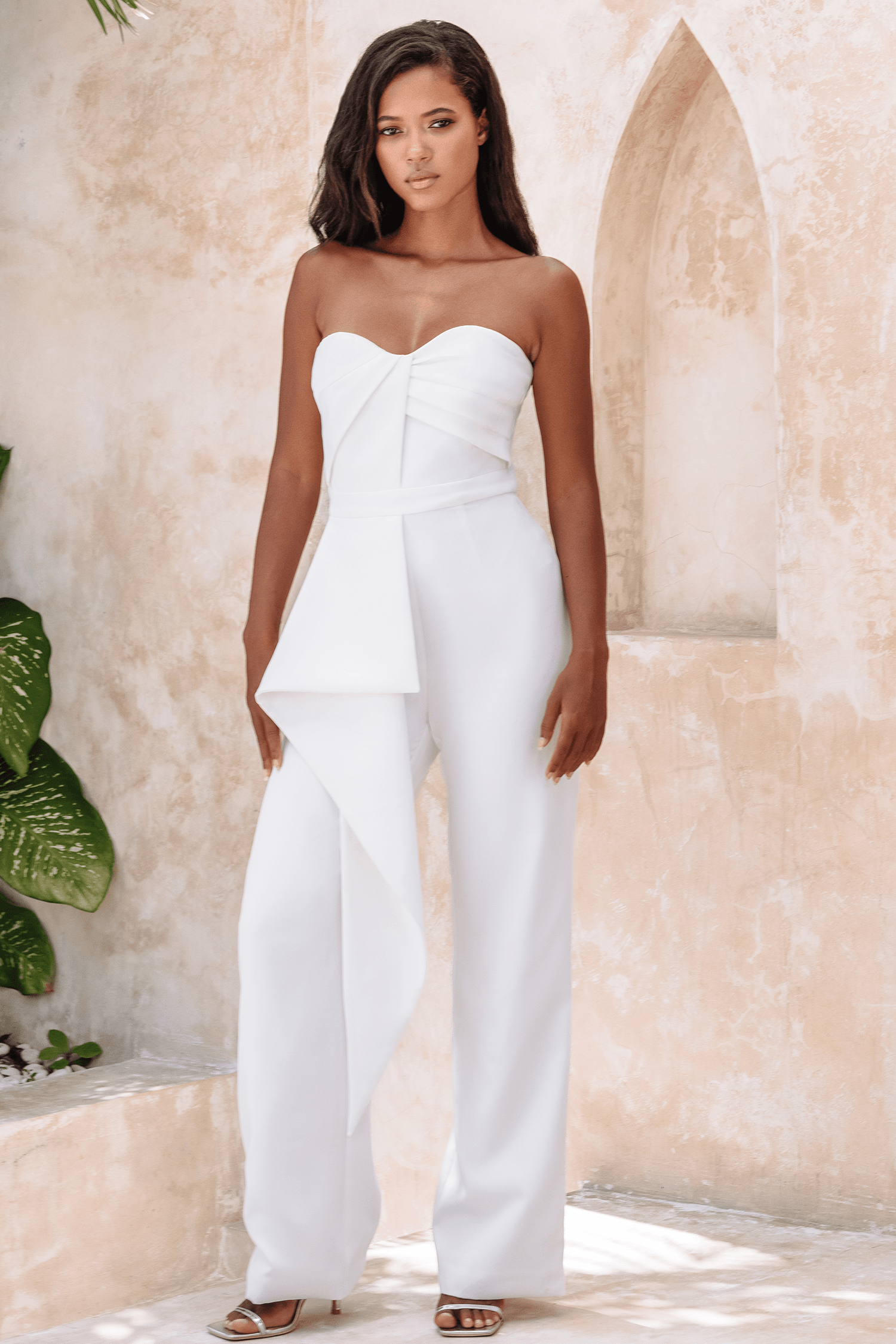 BROOKE Bandeau Draped Panel Straight Leg Jumpsuit In White - Lavish Alice