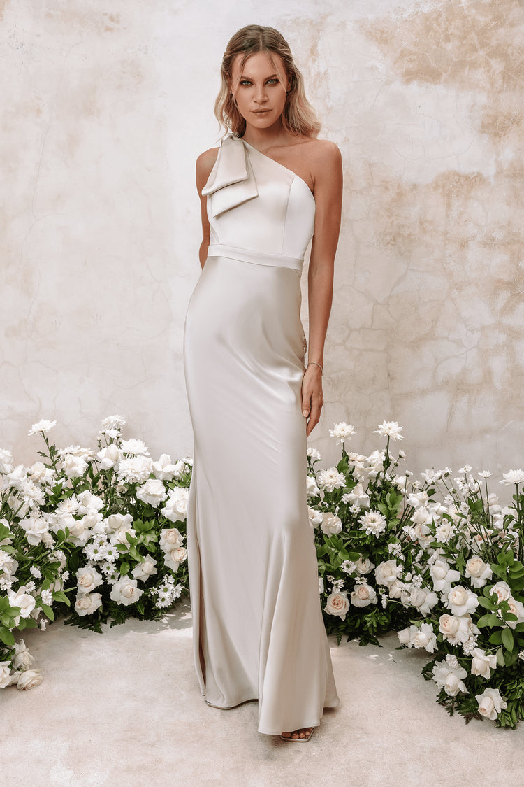ALESSANDRA Satin Bow Shoulder Maxi Dress In Champagne