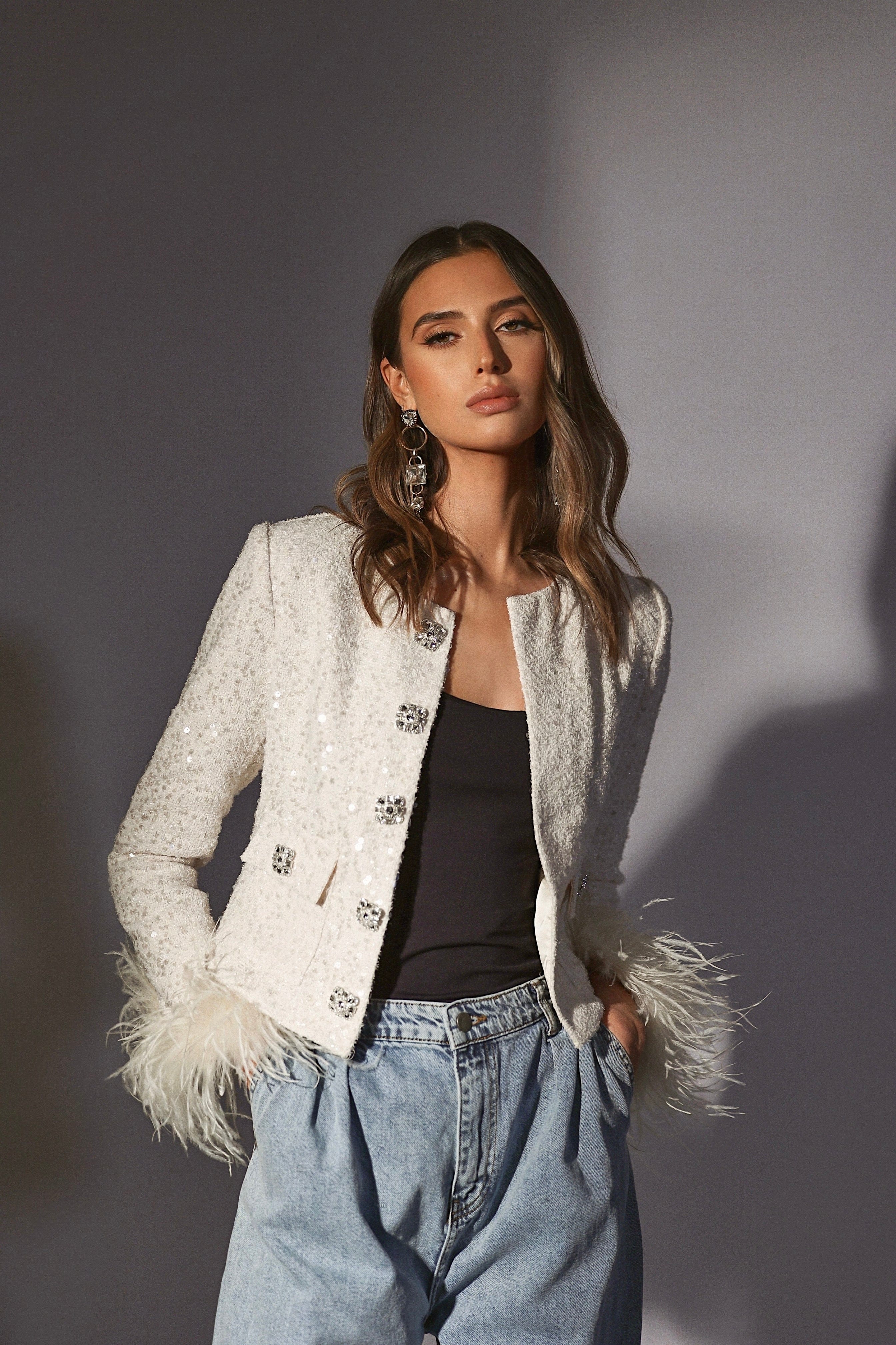 LARIA Sequin Boucle Cropped Jacket with Feather Cuffs In Beige