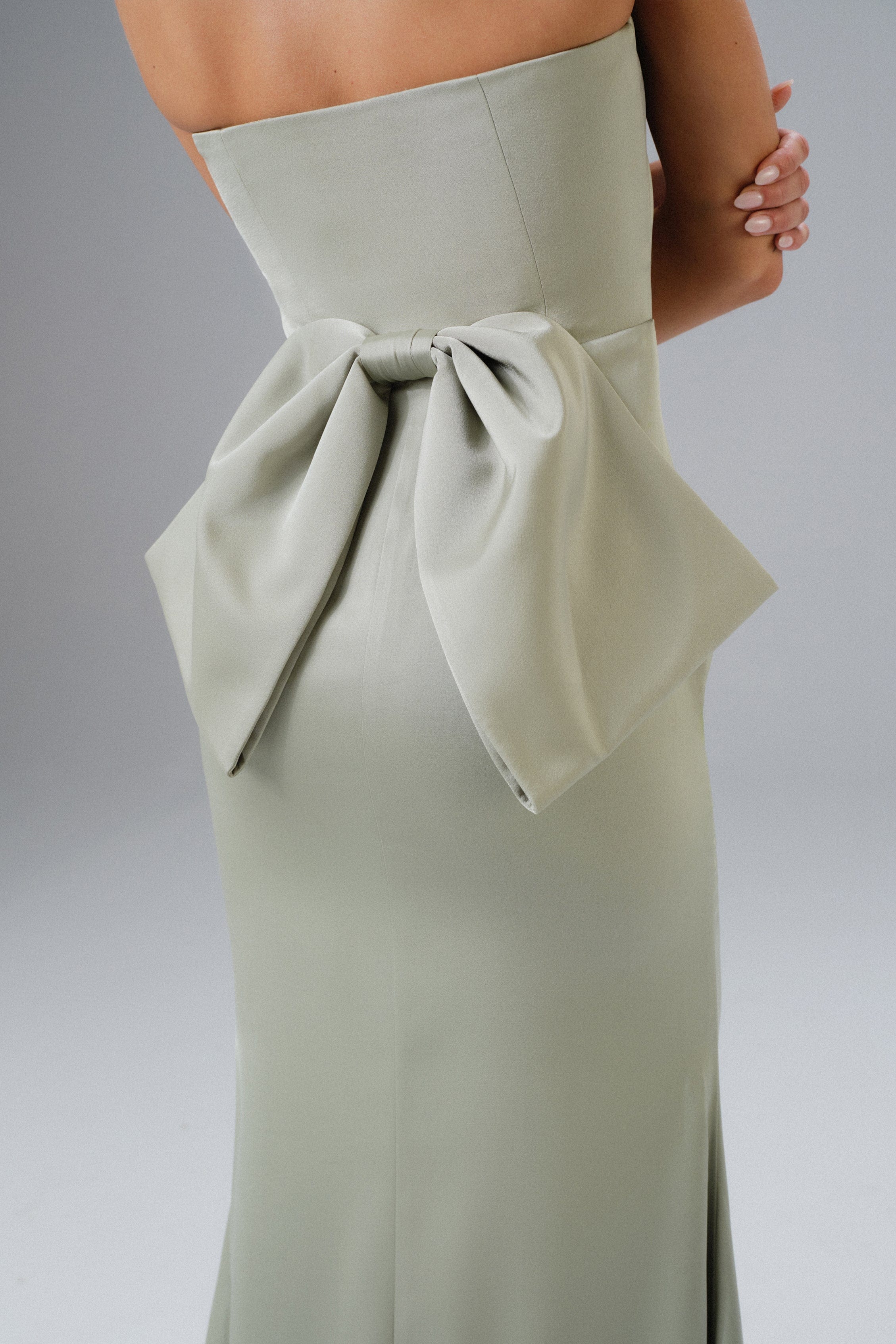 JOVIE Bow Detail Bandeau Satin Maxi Dress in Sage Green