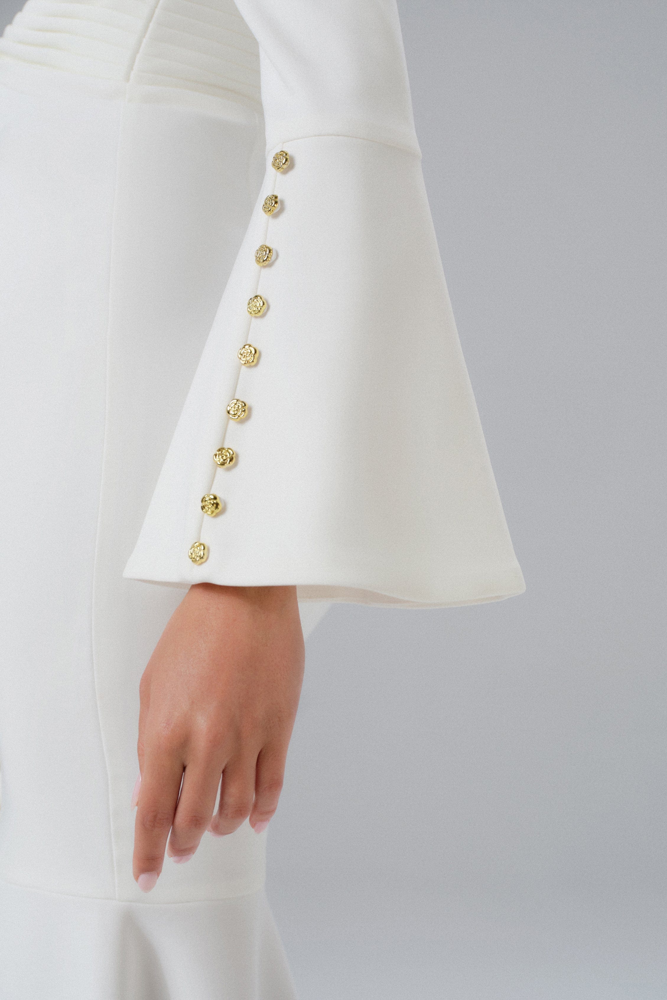 SALMA Fluted Sleeve Micro Rose Button Midi Dress in White