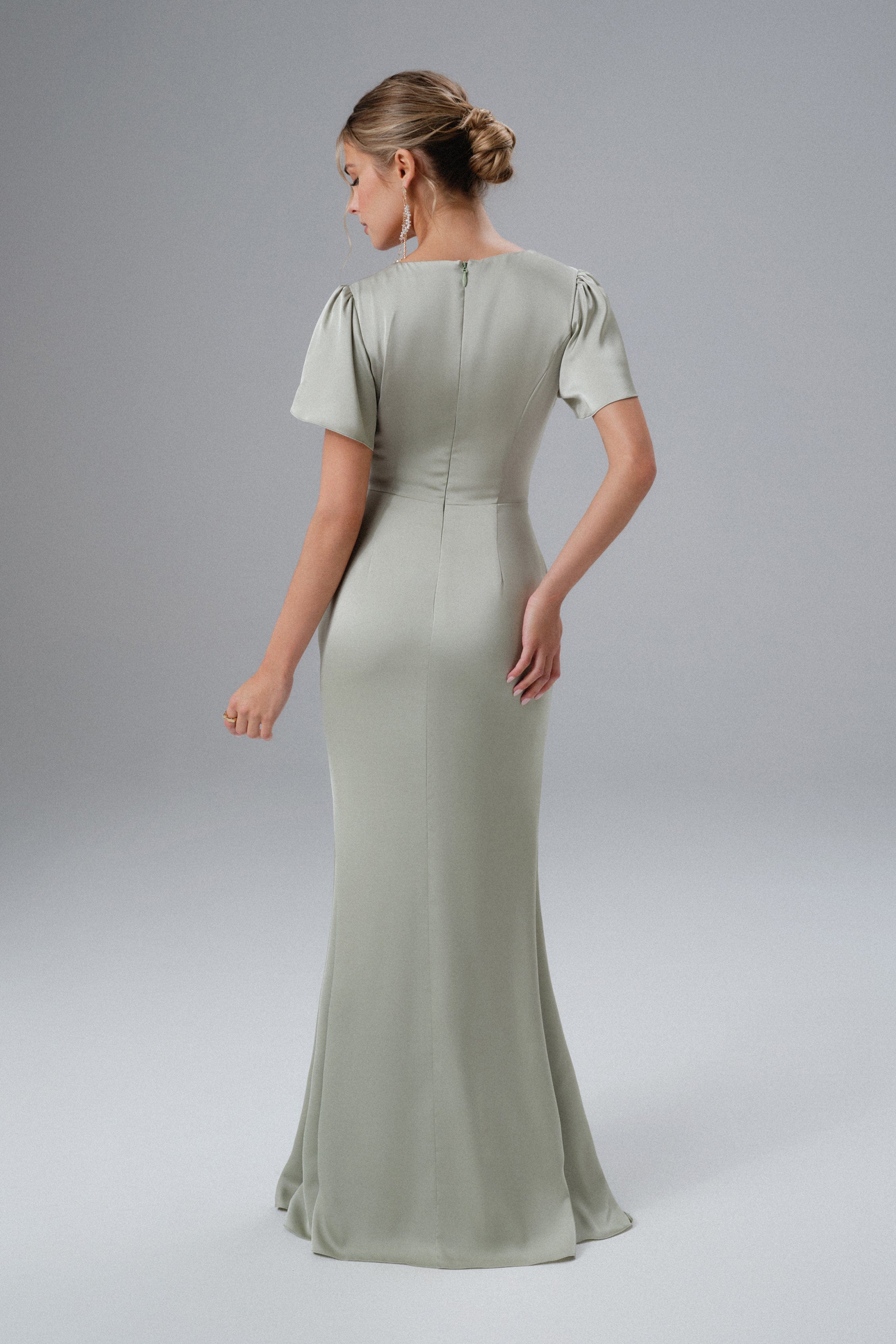 BEAU Draped Wrap Satin Maxi Dress with Sleeves in Sage Green